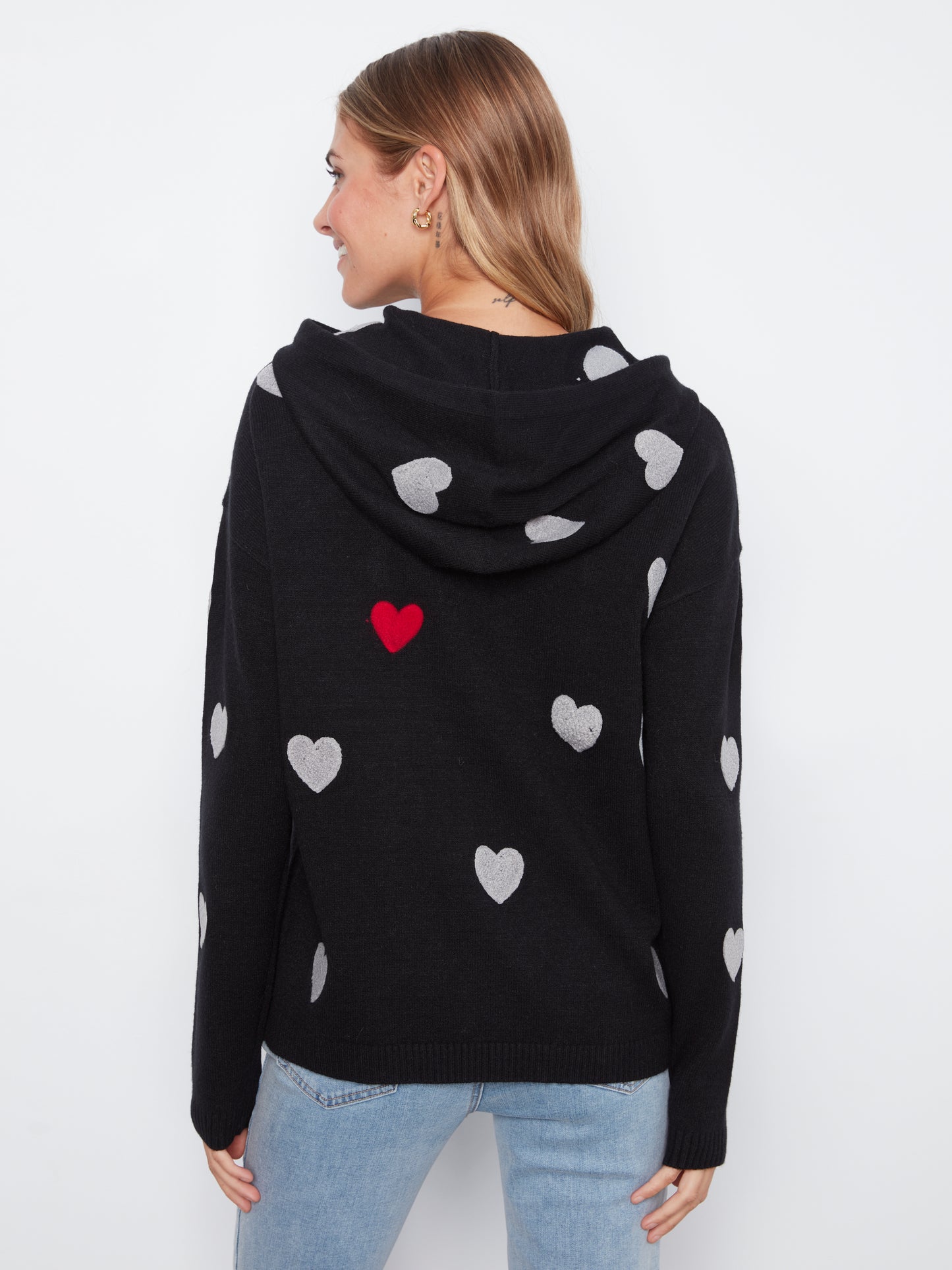 Charlie B Heart Pattern Needle Punch Boucle Hoodie Black C2436YR-736A-P001