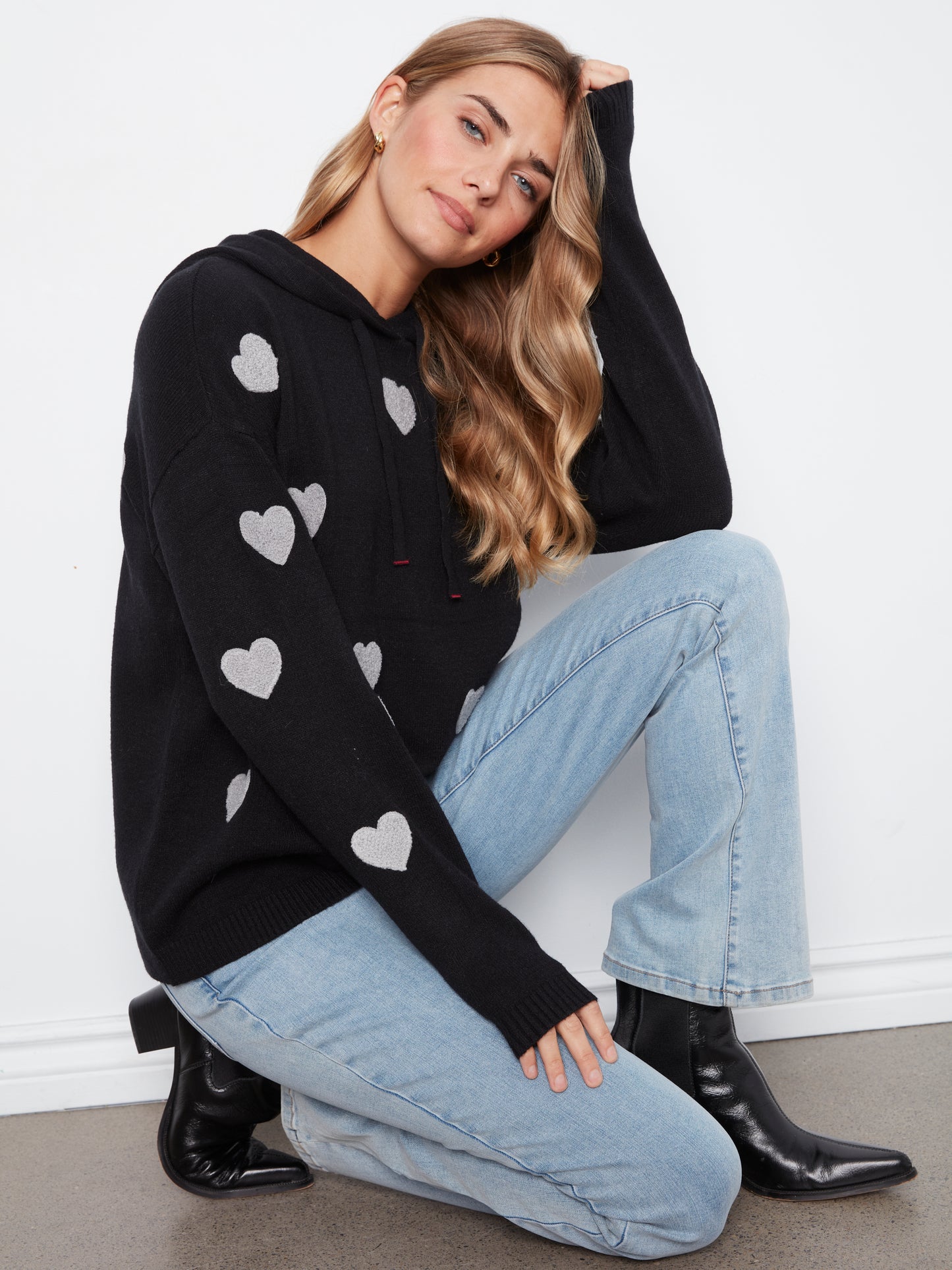 Charlie B Heart Pattern Needle Punch Boucle Hoodie Black C2436YR-736A-P001