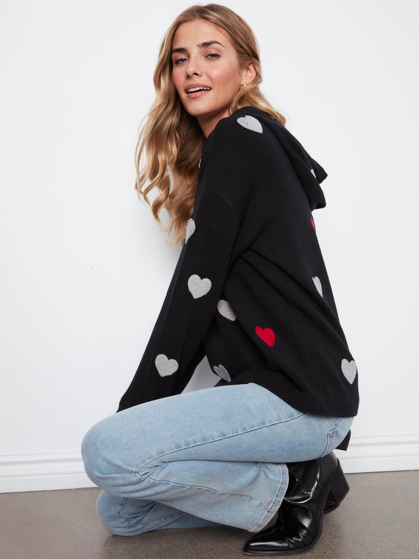 Charlie B Heart Pattern Needle Punch Boucle Hoodie Black C2436YR-736A-P001