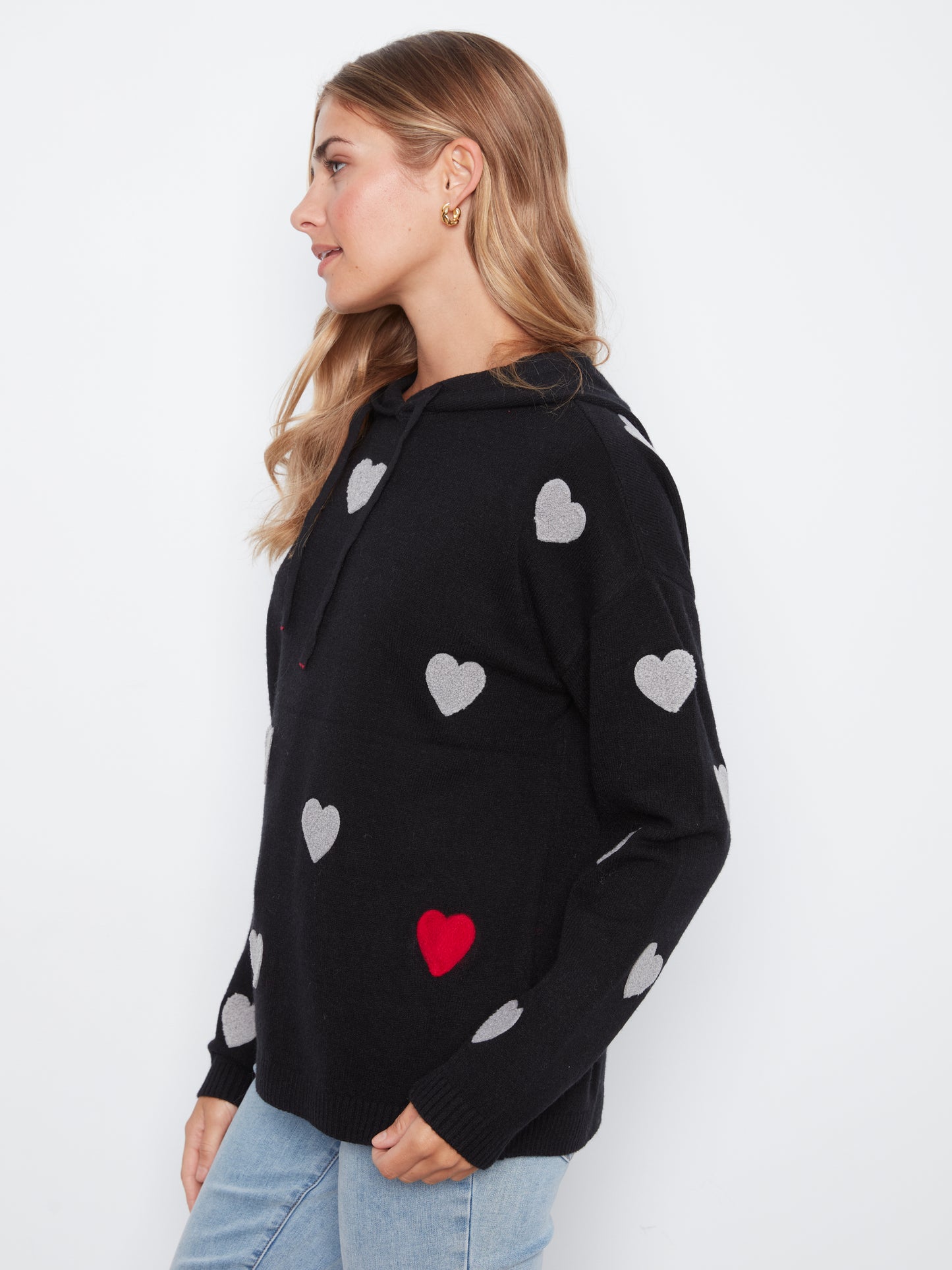 Charlie B Heart Pattern Needle Punch Boucle Hoodie Black C2436YR-736A-P001