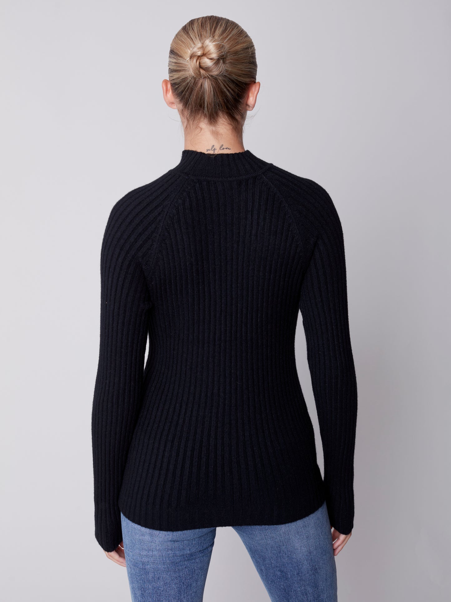 Charlie B Mock Neck Chest Rib Design Sweater Black C2553-736A-001