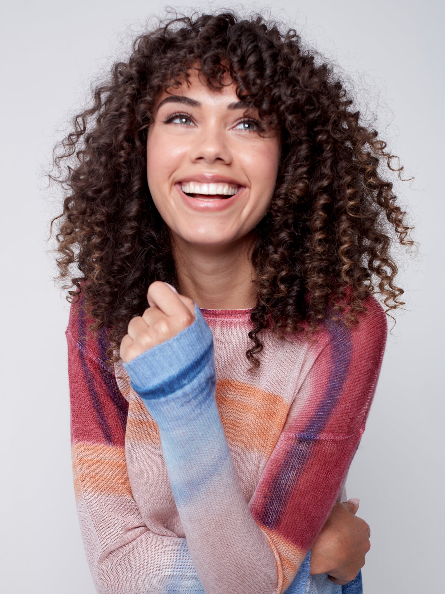 Charlie B Crew Neck Drop Shoulder Sheer Knit Printed Sweater Multicolour C2577-645B-P152