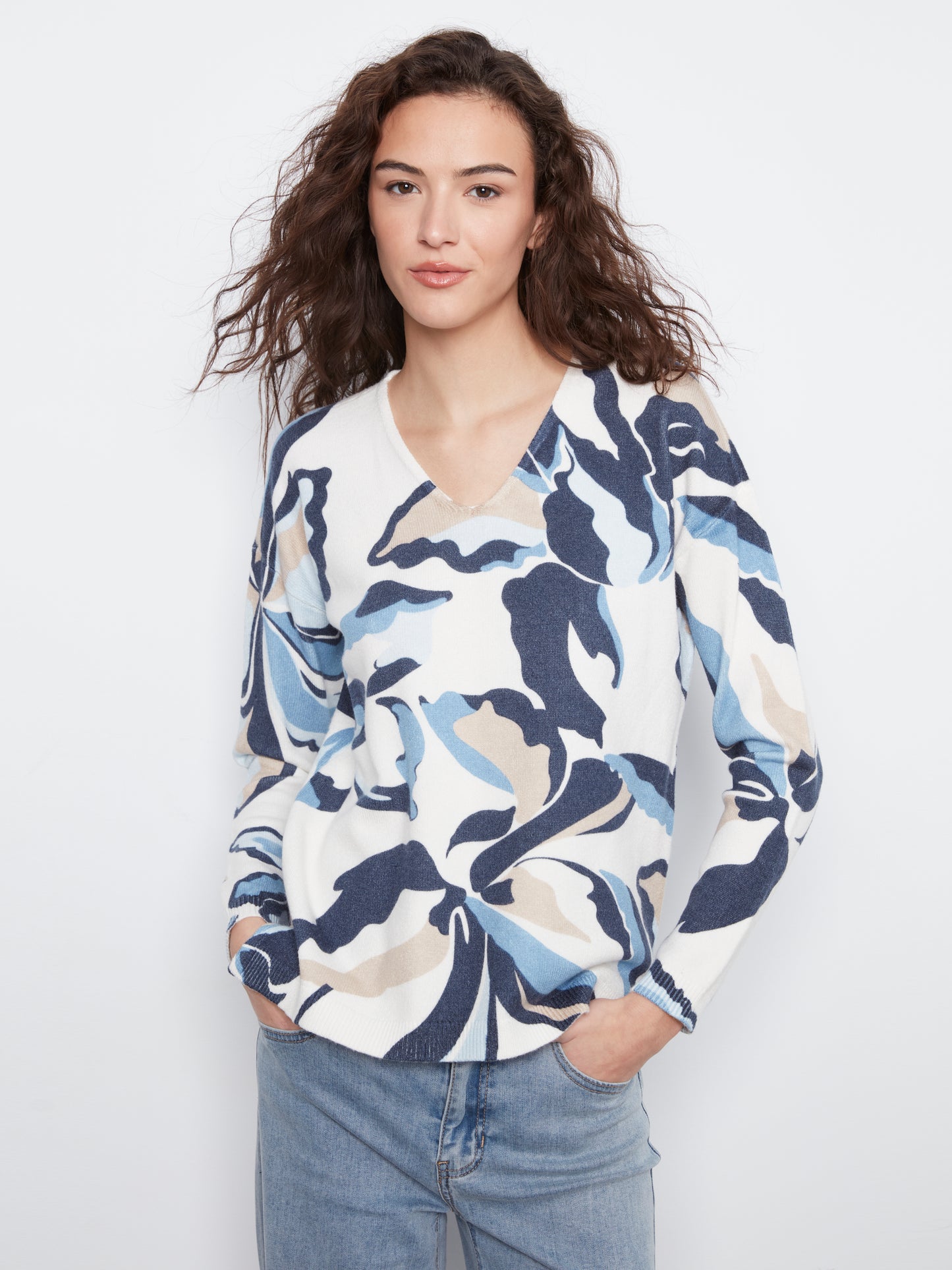 Charlie B Long Sleeve Drop Shoulder Printed V-Neck Sweater Azurine C2581DR-464A-P472