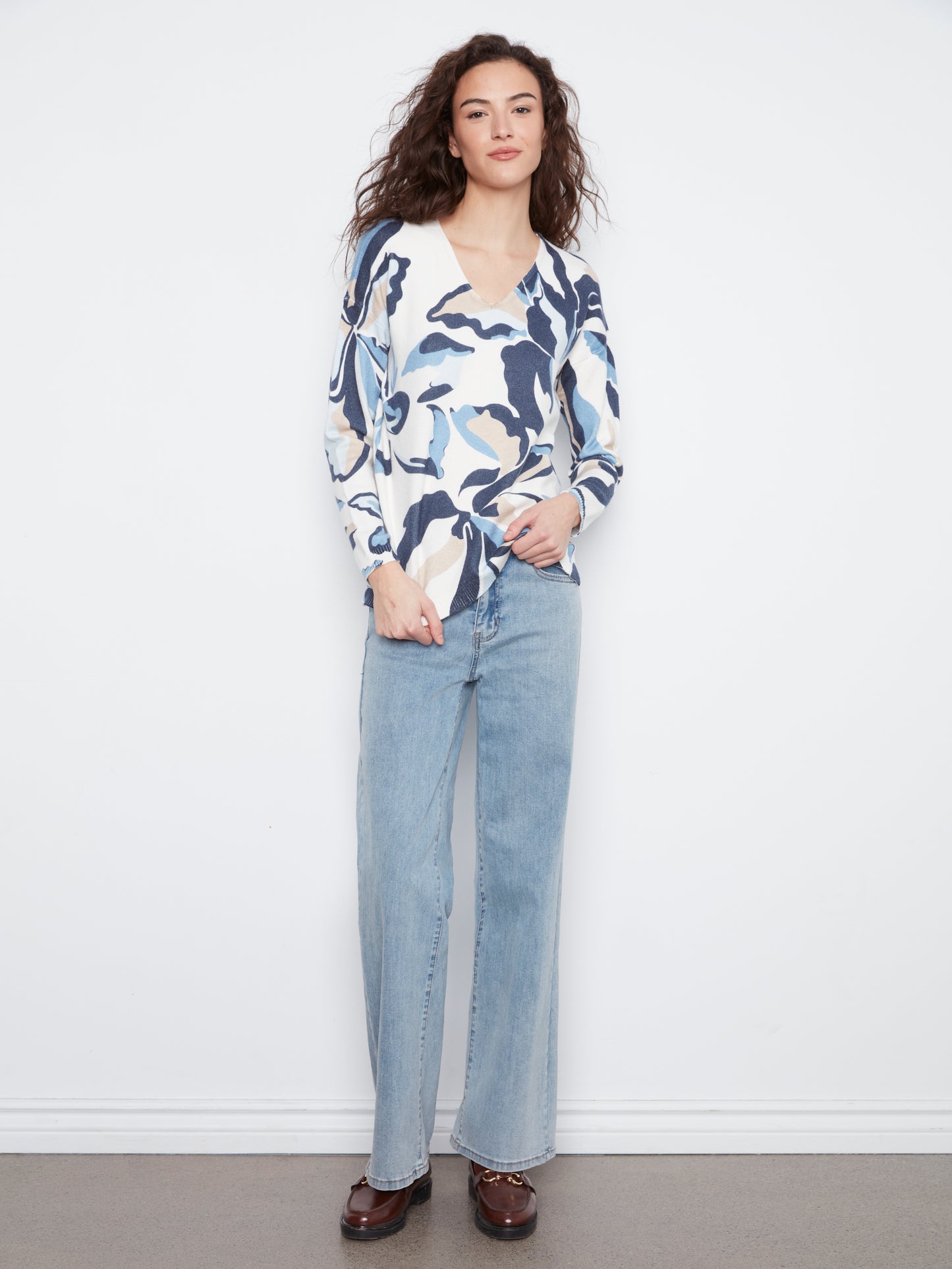 Charlie B Long Sleeve Drop Shoulder Printed V-Neck Sweater Azurine C2581DR-464A-P472