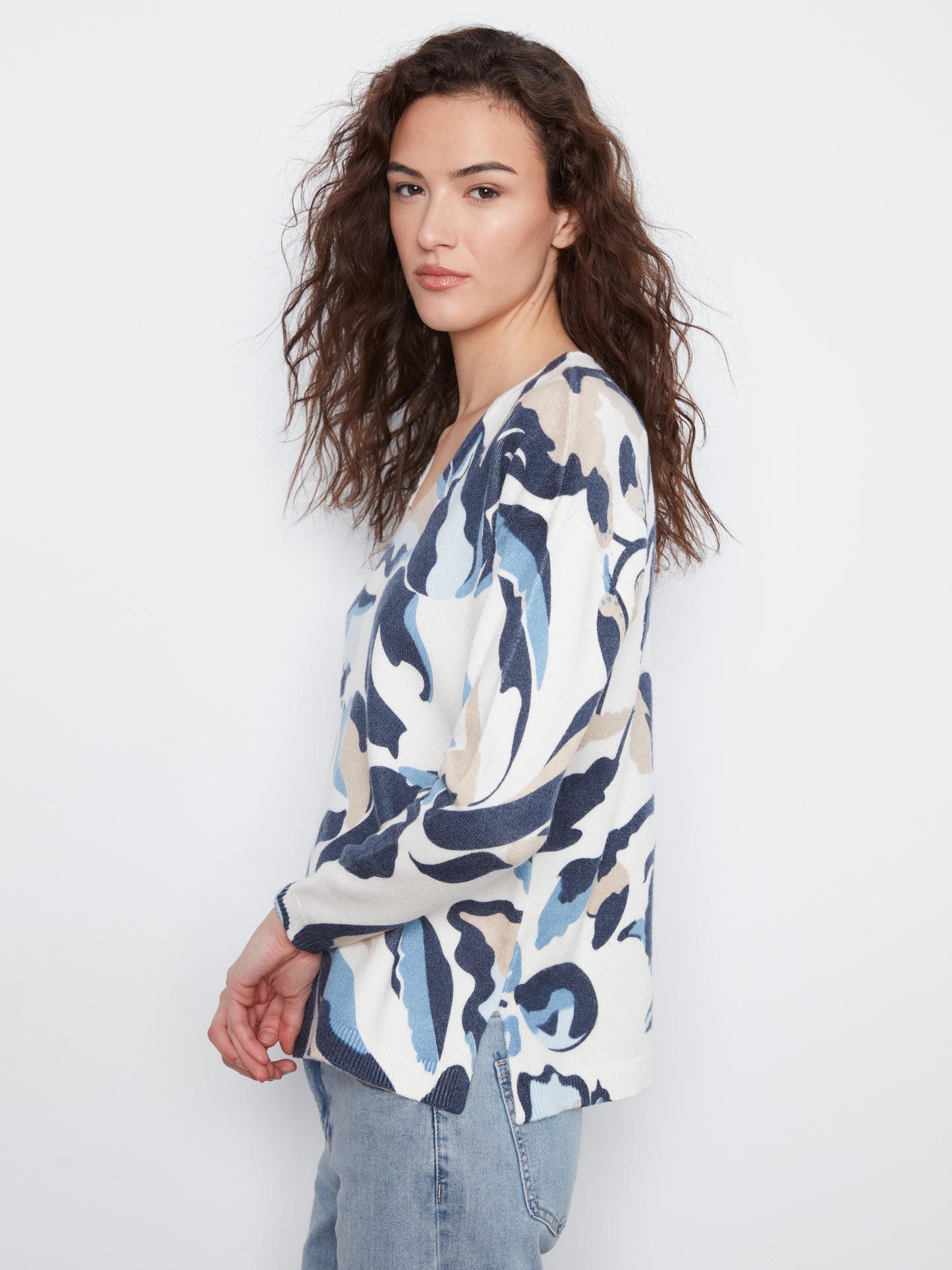 Charlie B Long Sleeve Drop Shoulder Printed V-Neck Sweater Azurine C2581DR-464A-P472