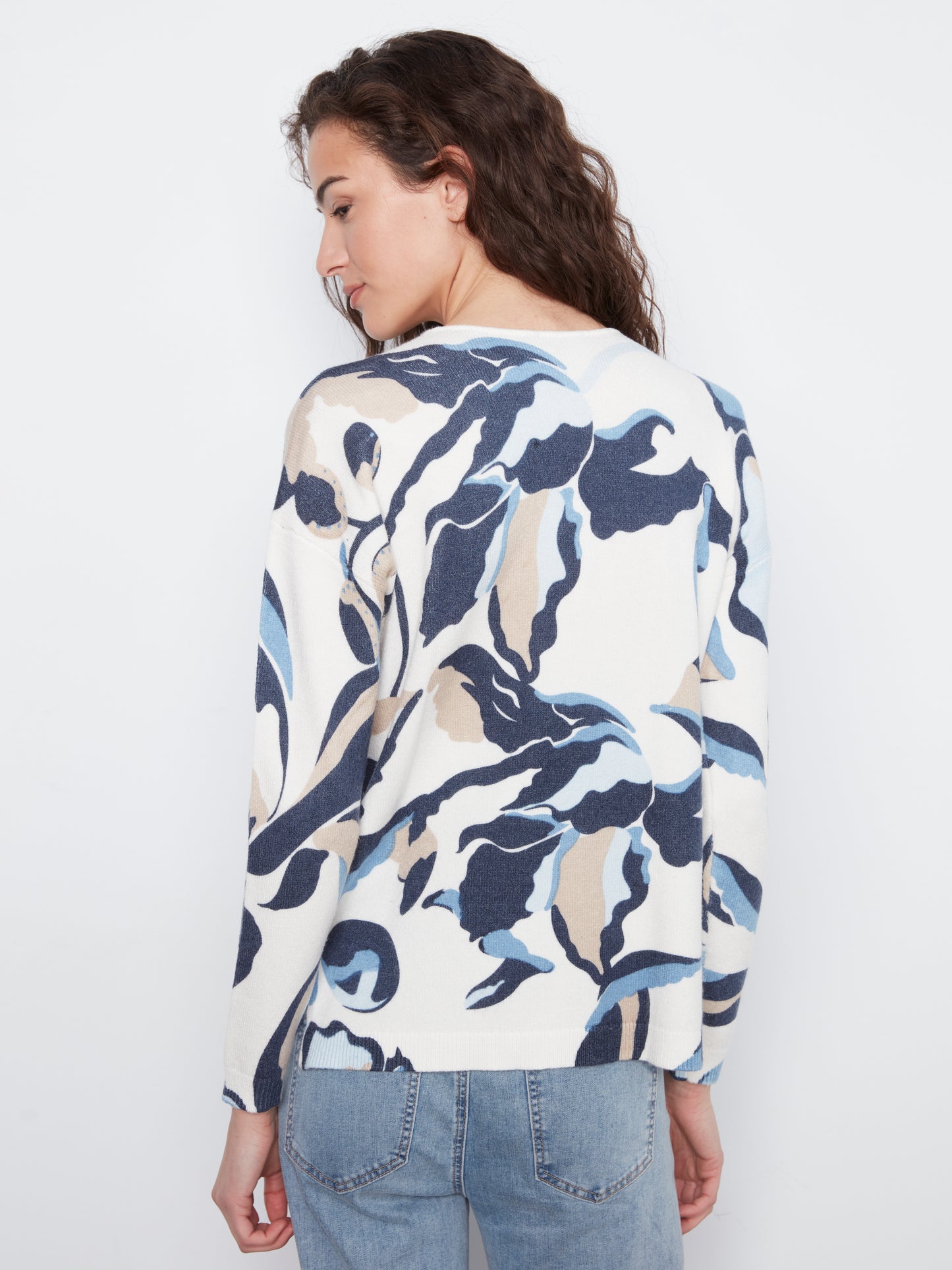Charlie B Long Sleeve Drop Shoulder Printed V-Neck Sweater Azurine C2581DR-464A-P472