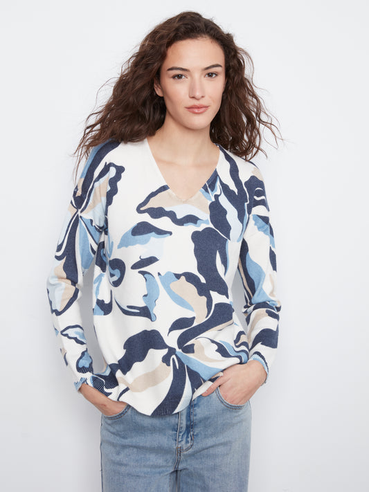 Charlie B Long Sleeve Drop Shoulder Printed V-Neck Sweater Azurine C2581DR-464A-P472
