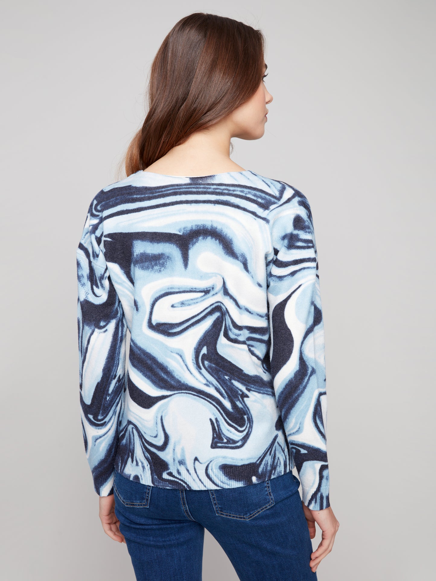 Charlie B Plushy Printed V-Neck Sweater Blue Swirl C2581RR-464A-P549