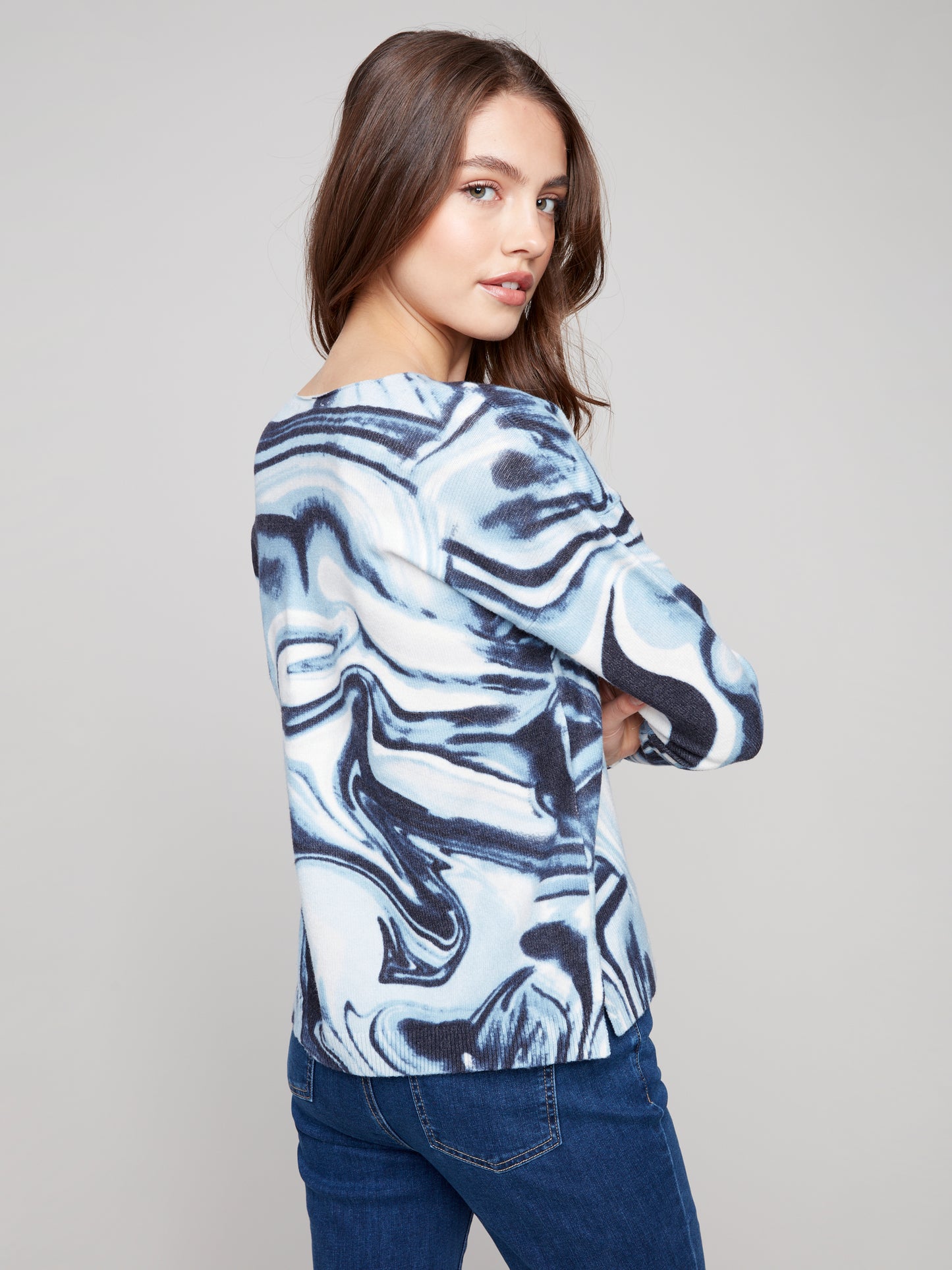 Charlie B Plushy Printed V-Neck Sweater Blue Swirl C2581RR-464A-P549