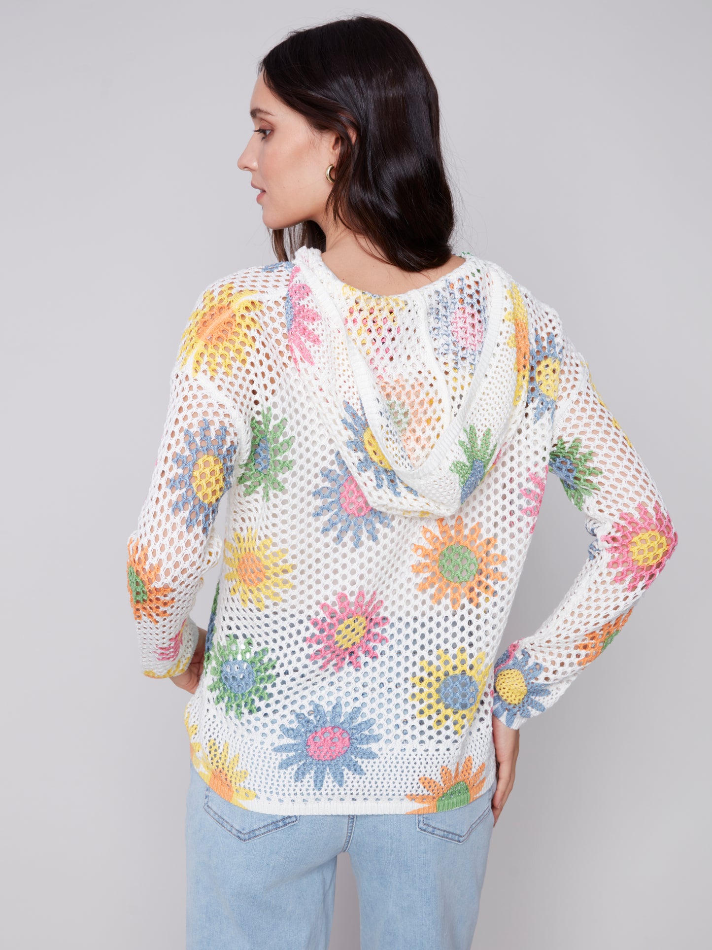 Charlie B Fishnet Hoodie Sweater w/Printed Flowers Daisies C2615P-540P-P565