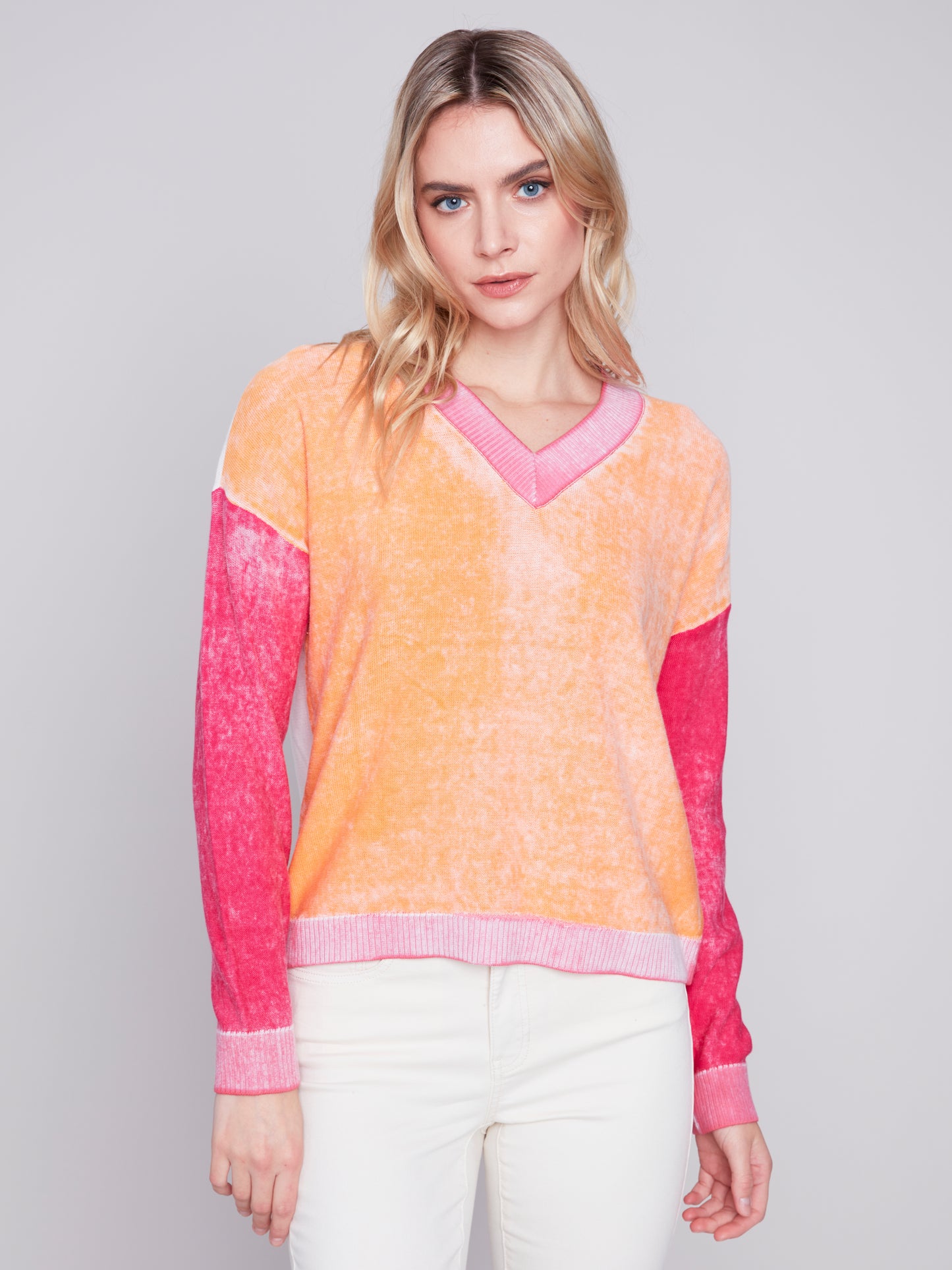 Charlie B Reverse Print Cotton Colourblock V-Neck Sweater Tangerine C2628-815B-027