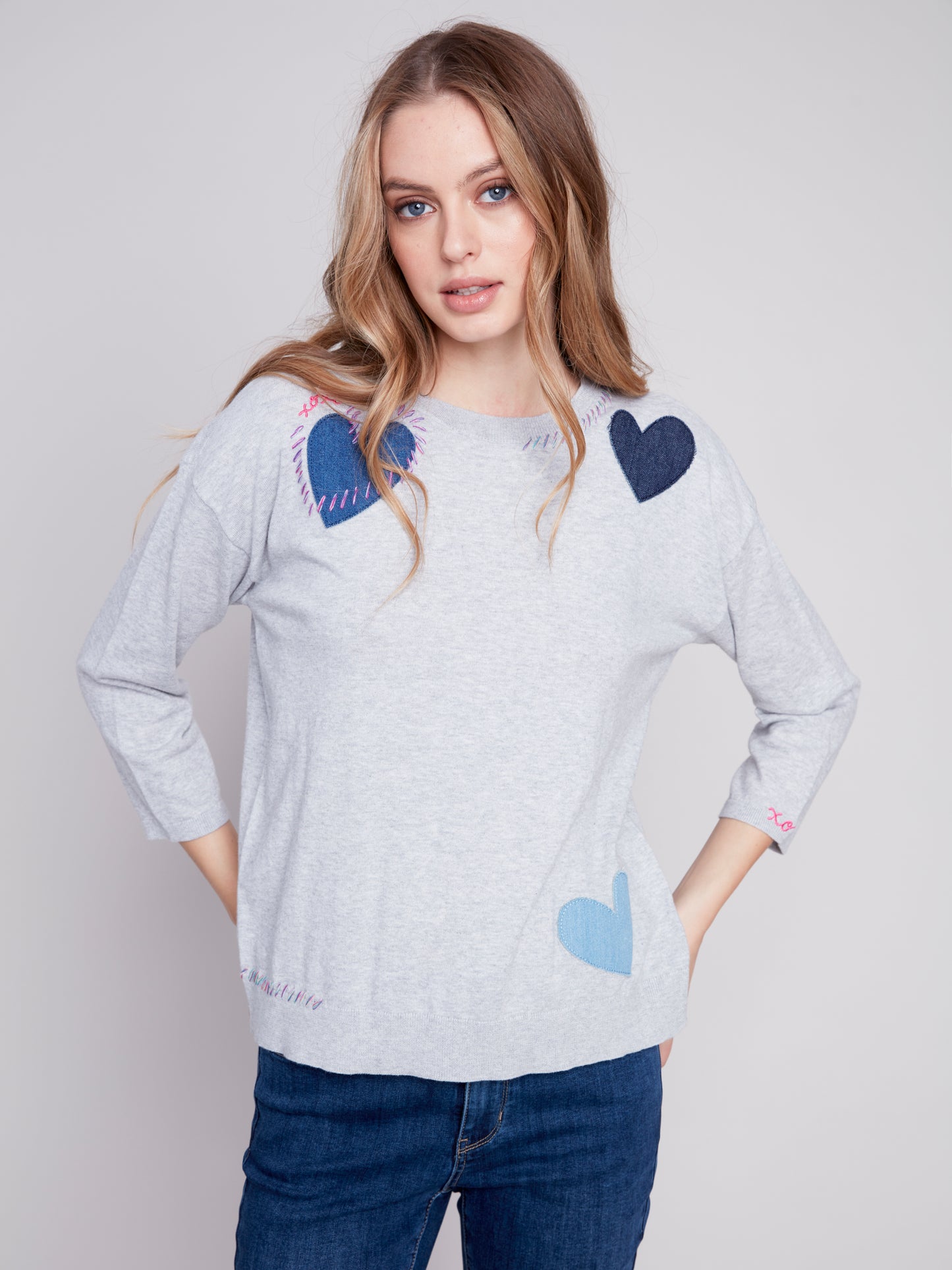 Charlie B 3/4 Sleeve Sweater w/Heart Patches H. Grey C2643-261B-P008
