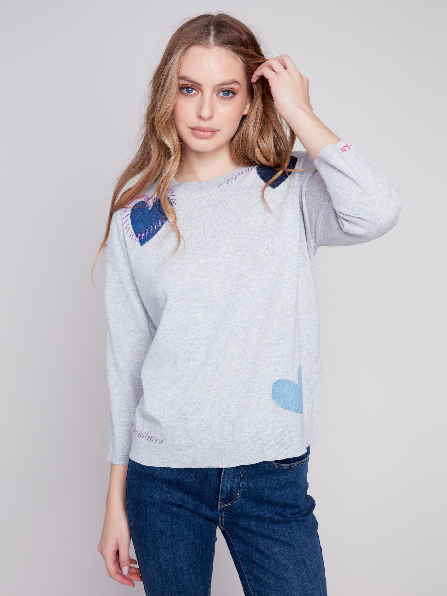 Charlie B 3/4 Sleeve Sweater w/Heart Patches H. Grey C2643-261B-P008