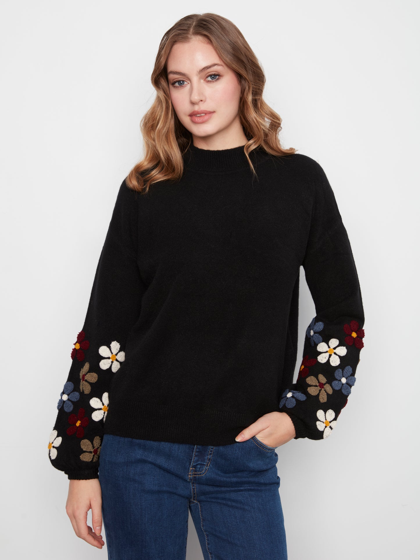 Charlie B Mock Neck Sweater w/Embroidery at Sleeves Black C2689RR-736A-P001