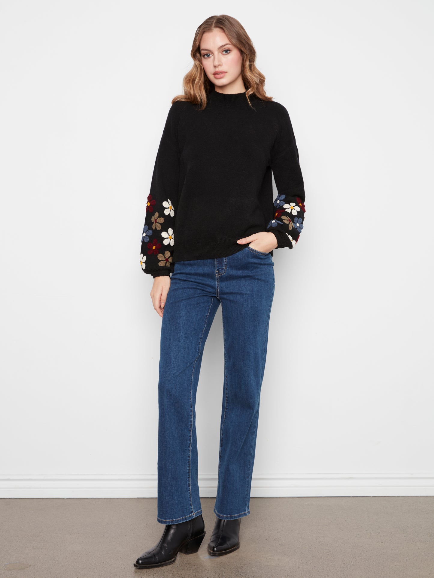 Charlie B Mock Neck Sweater w/Embroidery at Sleeves Black C2689RR-736A-P001