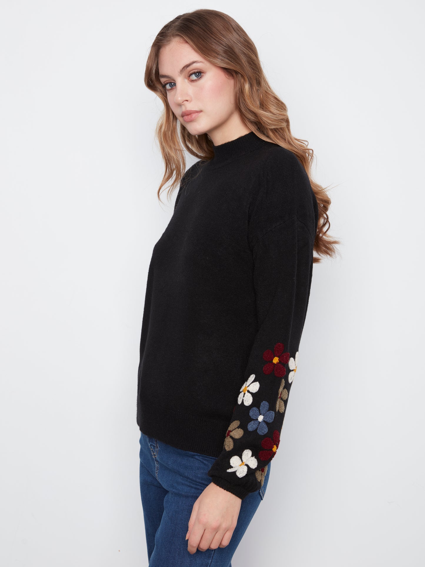 Charlie B Mock Neck Sweater w/Embroidery at Sleeves Black C2689RR-736A-P001