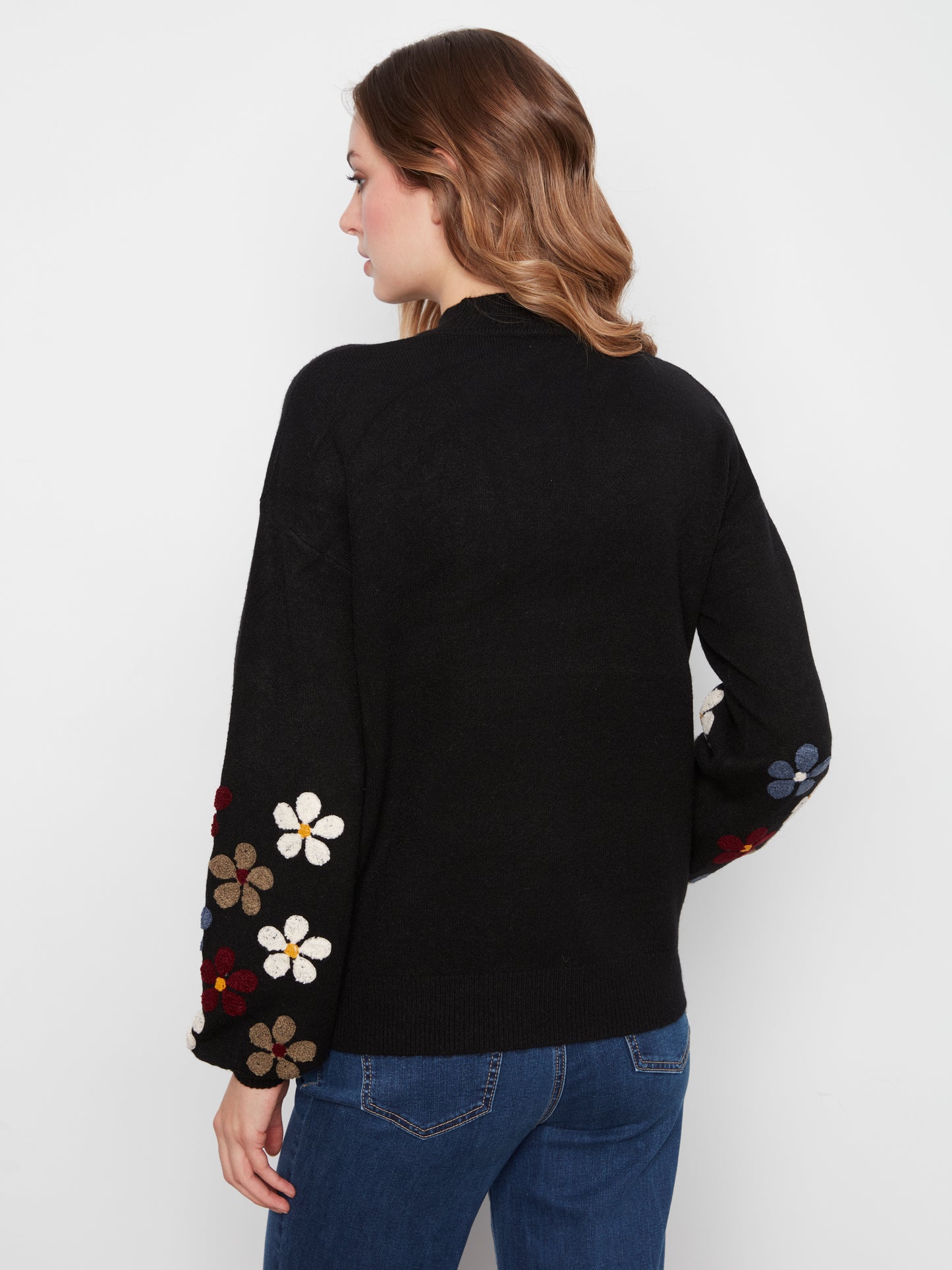 Charlie B Mock Neck Sweater w/Embroidery at Sleeves Black C2689RR-736A-P001