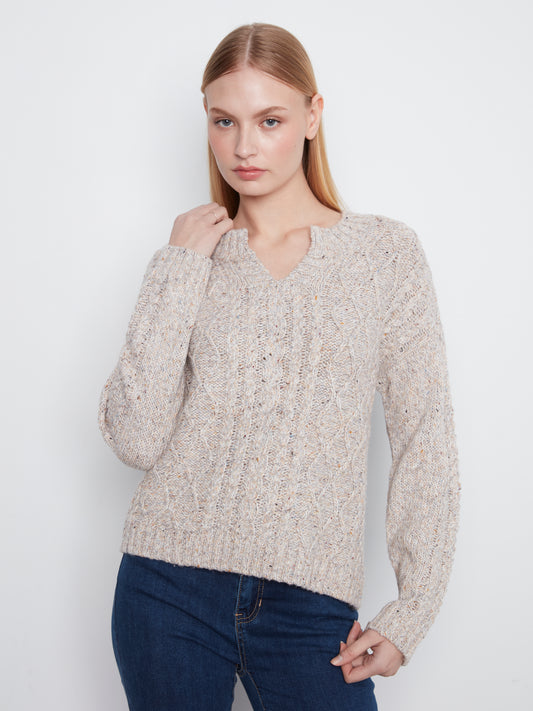 Charlie B Long Sleeve Notch Neck Heather Nep Yarn Drop Shoulder Sweater H. Grey C2729RR-807C-032