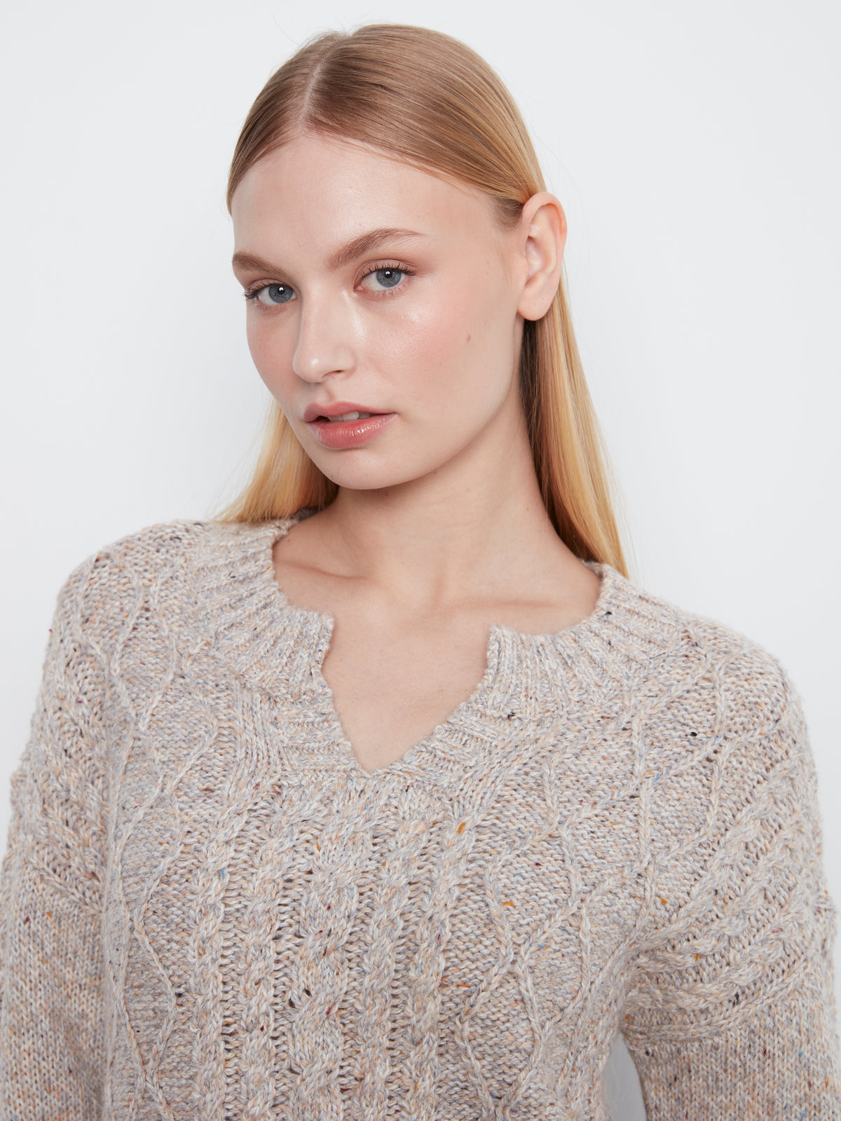 Charlie B Long Sleeve Notch Neck Heather Nep Yarn Drop Shoulder Sweater H. Grey C2729RR-807C-032