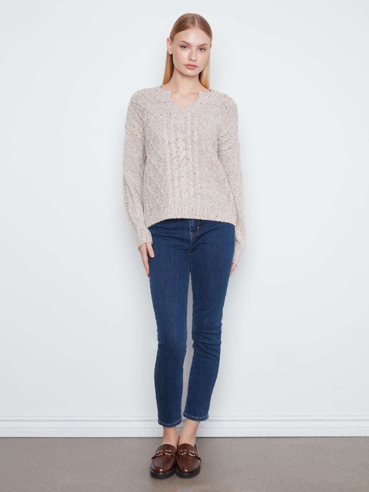 Charlie B Long Sleeve Notch Neck Heather Nep Yarn Drop Shoulder Sweater H. Grey C2729RR-807C-032