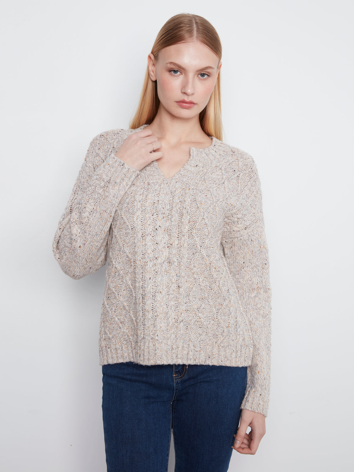 Charlie B Long Sleeve Notch Neck Heather Nep Yarn Drop Shoulder Sweater H. Grey C2729RR-807C-032