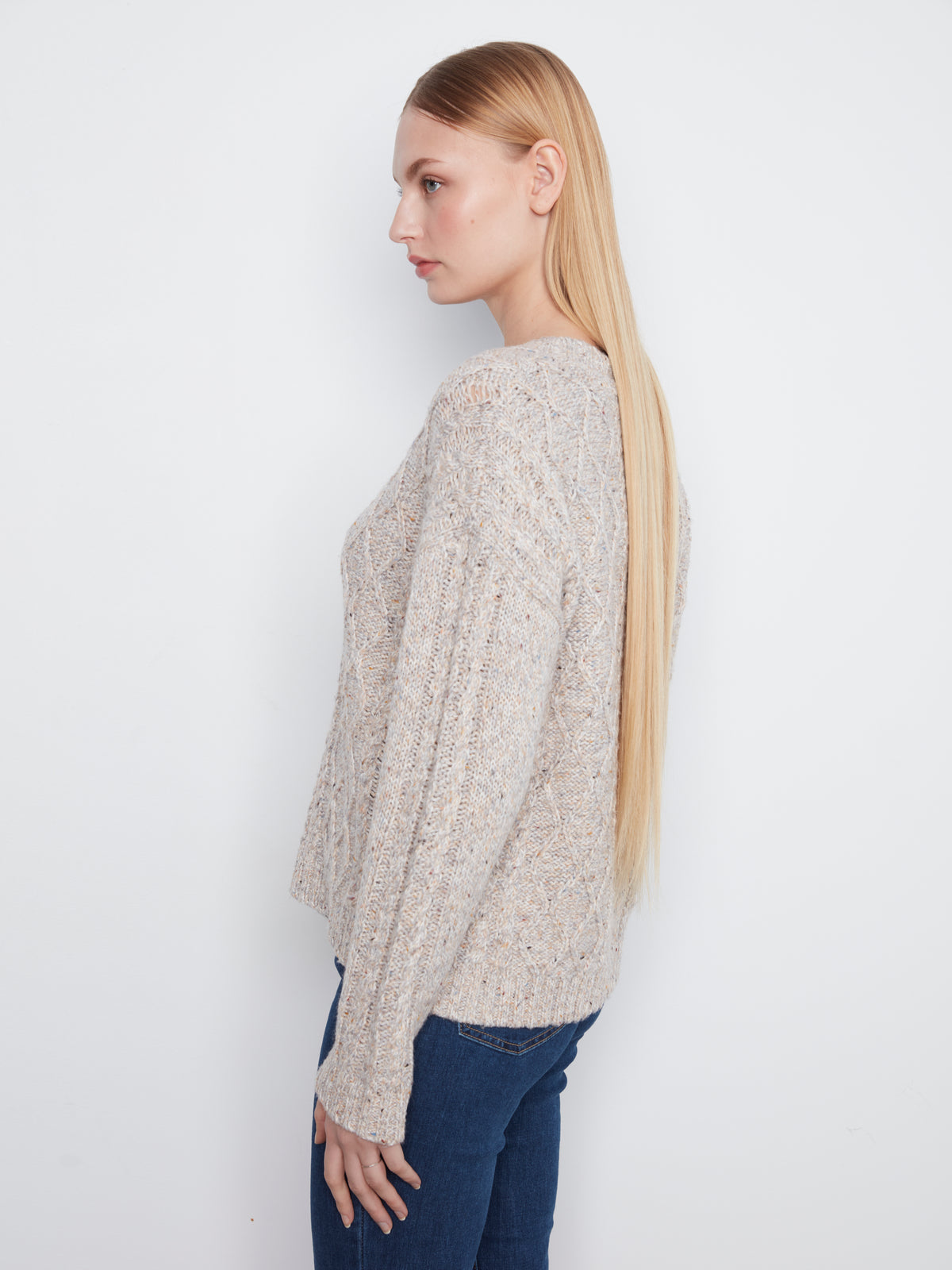 Charlie B Long Sleeve Notch Neck Heather Nep Yarn Drop Shoulder Sweater H. Grey C2729RR-807C-032
