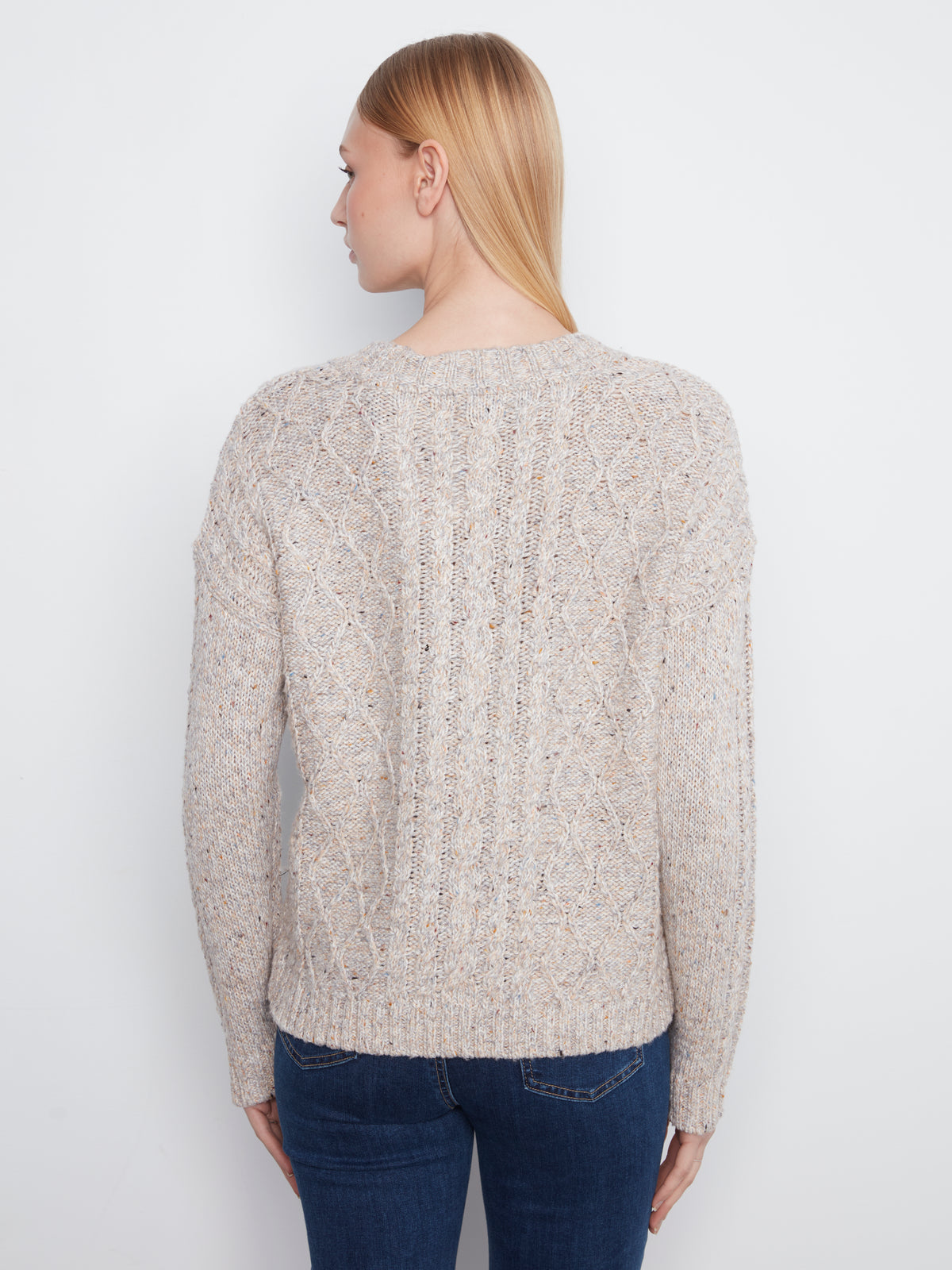 Charlie B Long Sleeve Notch Neck Heather Nep Yarn Drop Shoulder Sweater H. Grey C2729RR-807C-032