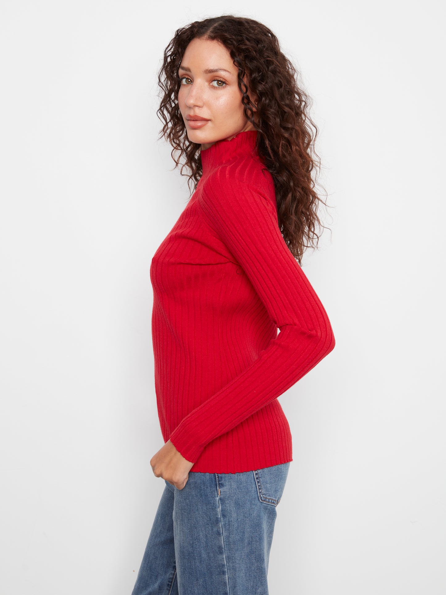 Charlie B Basic Ribbed Knit Mock Neck Long Sleeve Sweater Equestrian C2754RP-077C-307