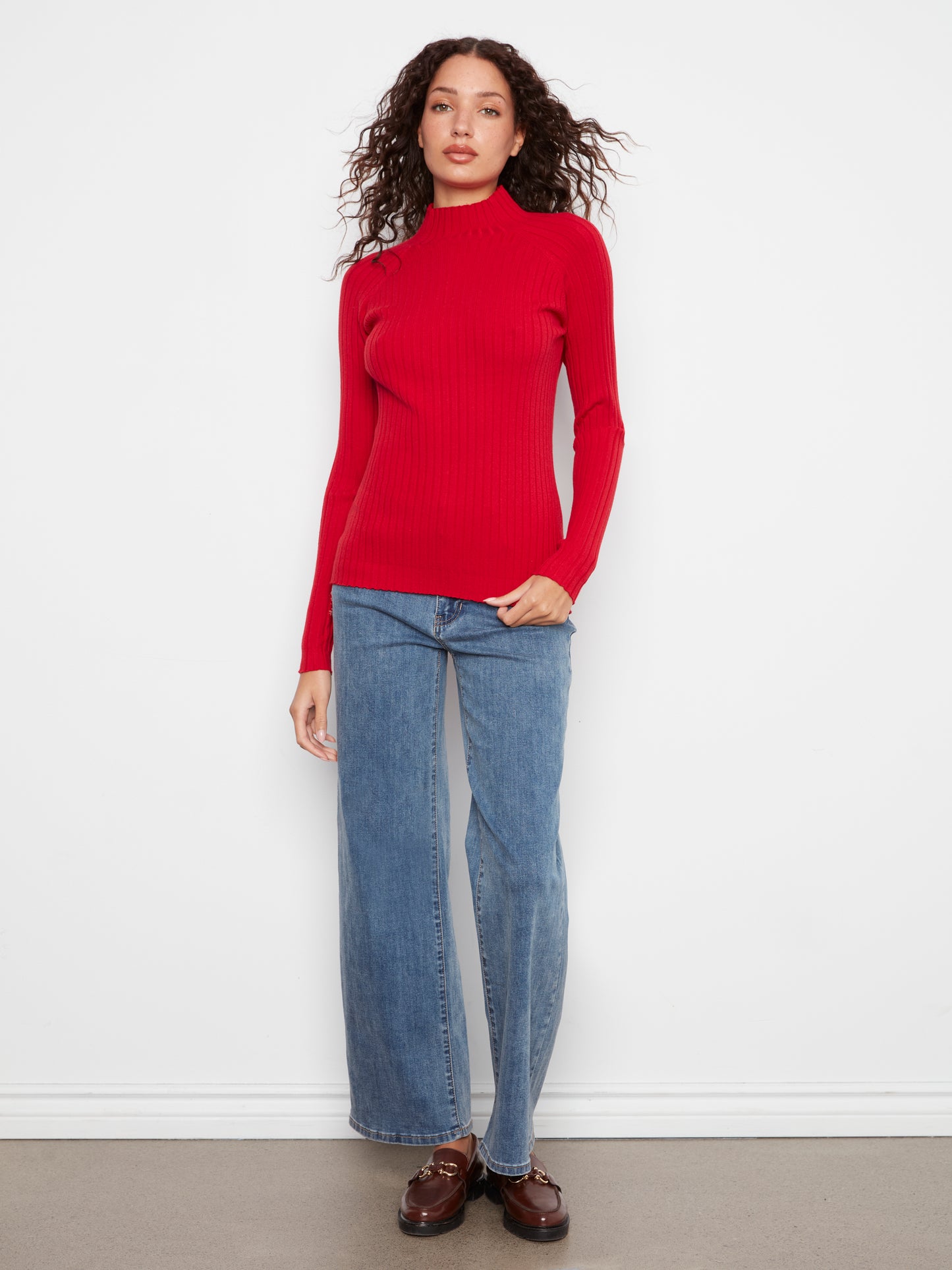 Charlie B Basic Ribbed Knit Mock Neck Long Sleeve Sweater Equestrian C2754RP-077C-307