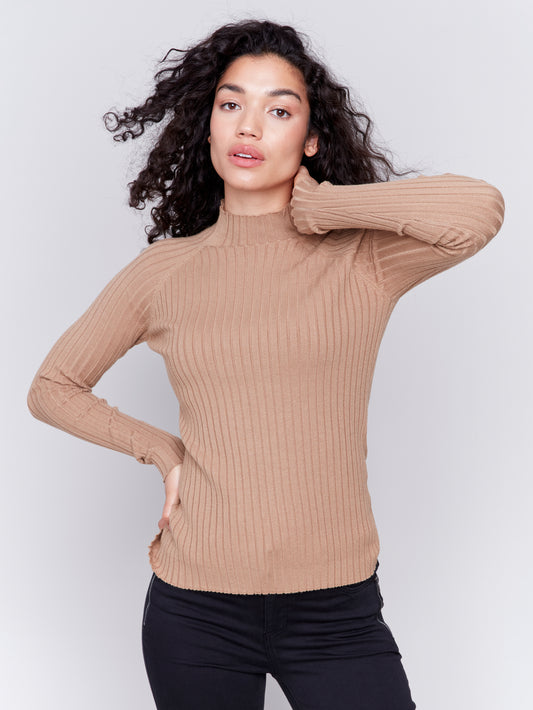 Charlie B Mock Neck Ribbed Fine Knit Sweater Truffle C2754-077C-610