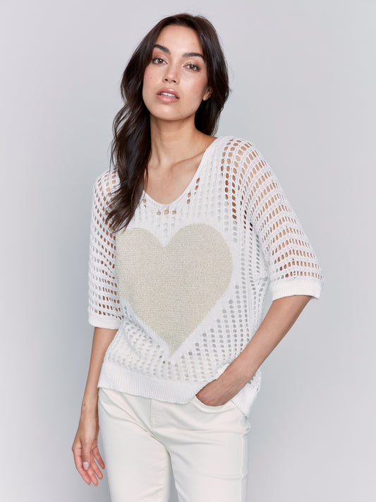 Charlie B Fishnet V-Neck Sweater w/Gold Heart White C2792-471B-002