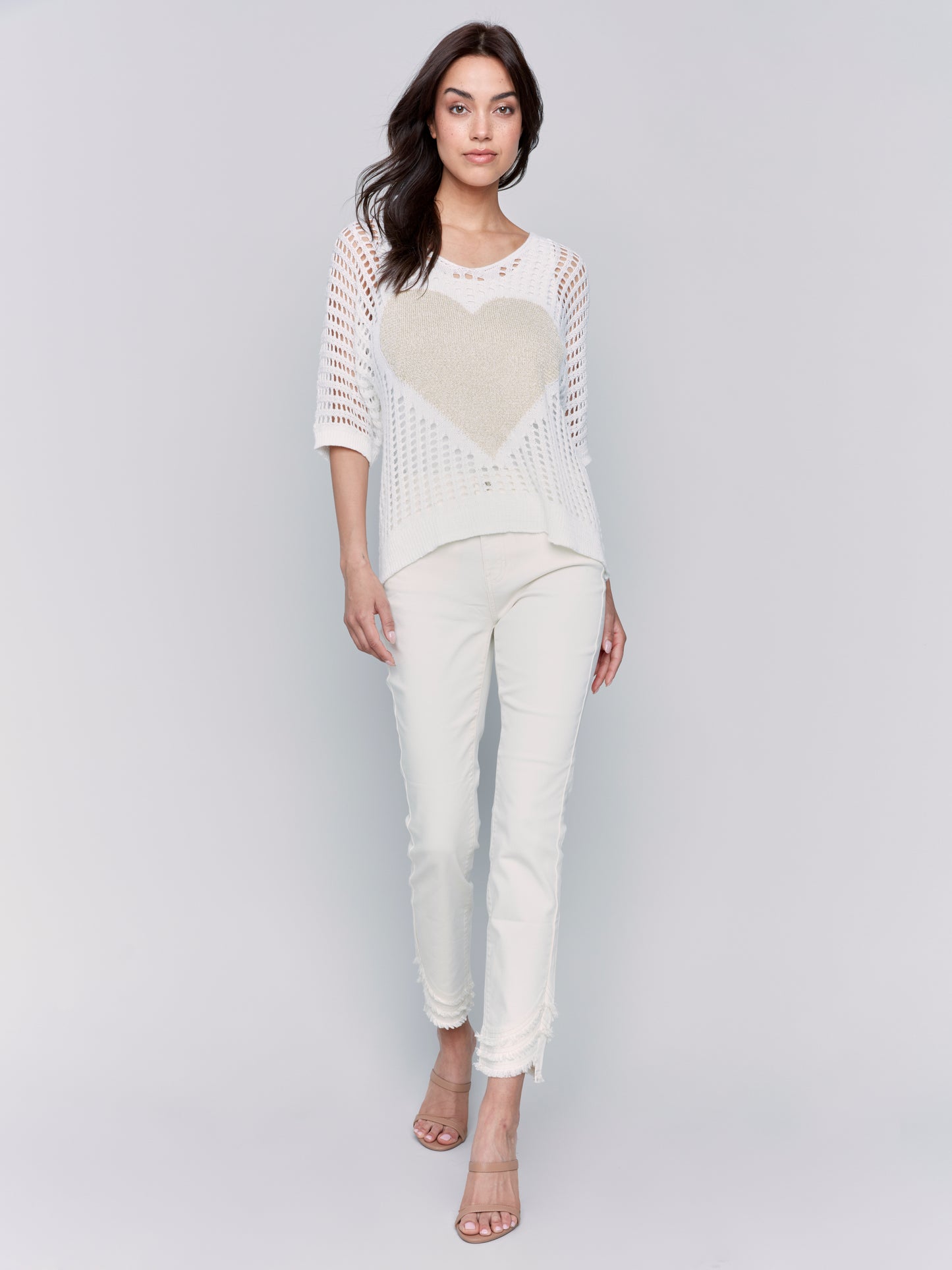 Charlie B Fishnet V-Neck Sweater w/Gold Heart White C2792-471B-002