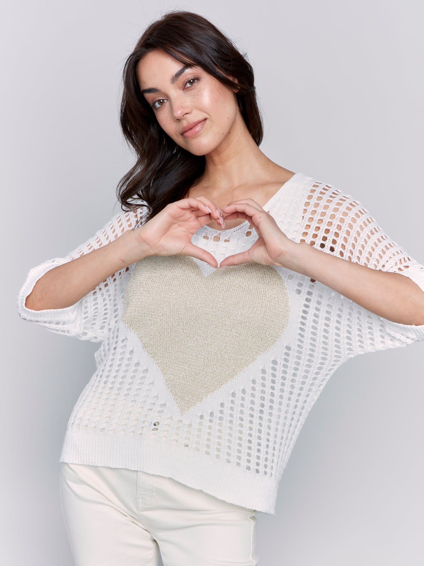 Charlie B Fishnet V-Neck Sweater w/Gold Heart White C2792-471B-002