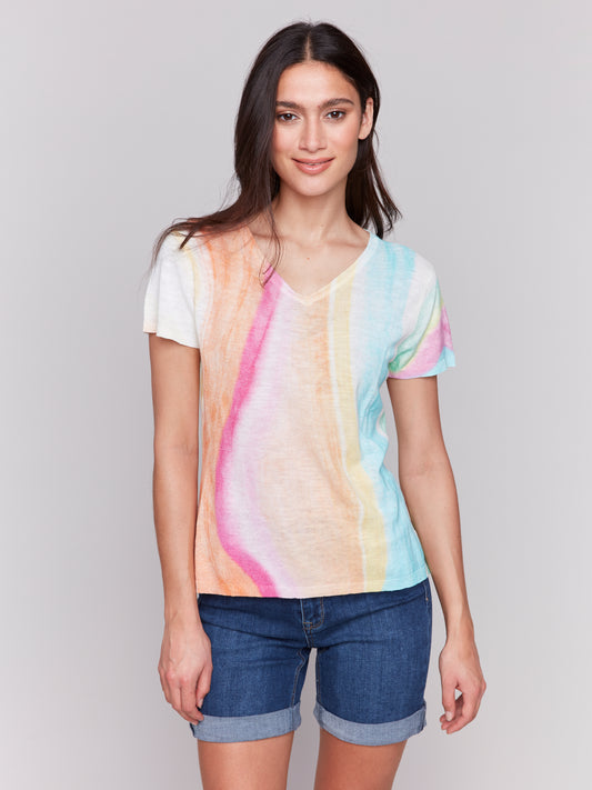 Charlie B Printed Short Sleeve Linen Blend Sweater Rainbow C2814-282C-P073