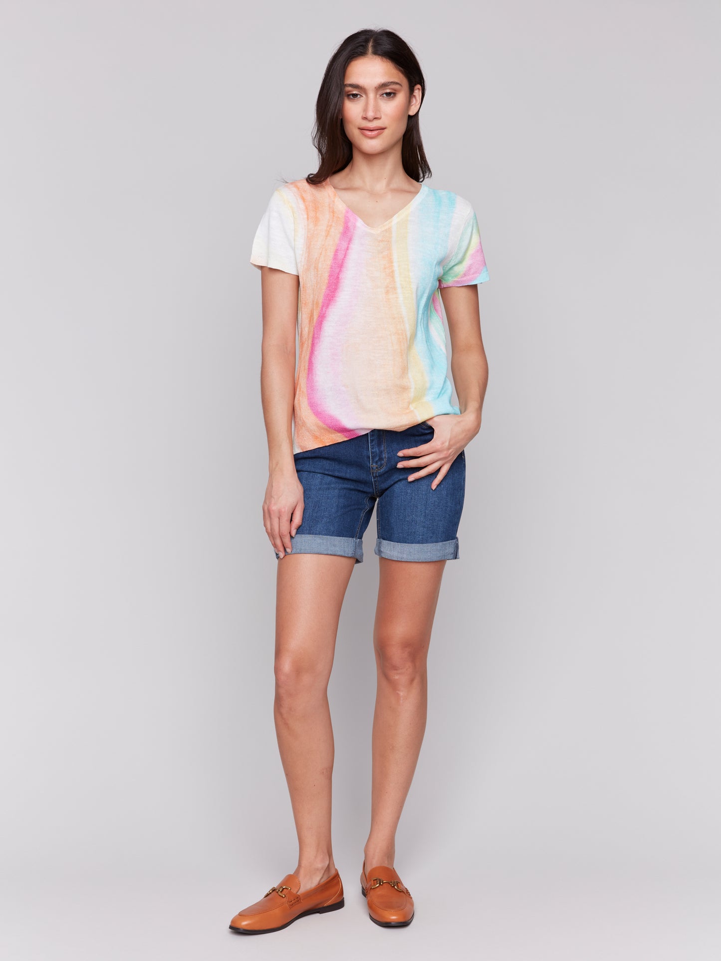 Charlie B Printed Short Sleeve Linen Blend Sweater Rainbow C2814-282C-P073