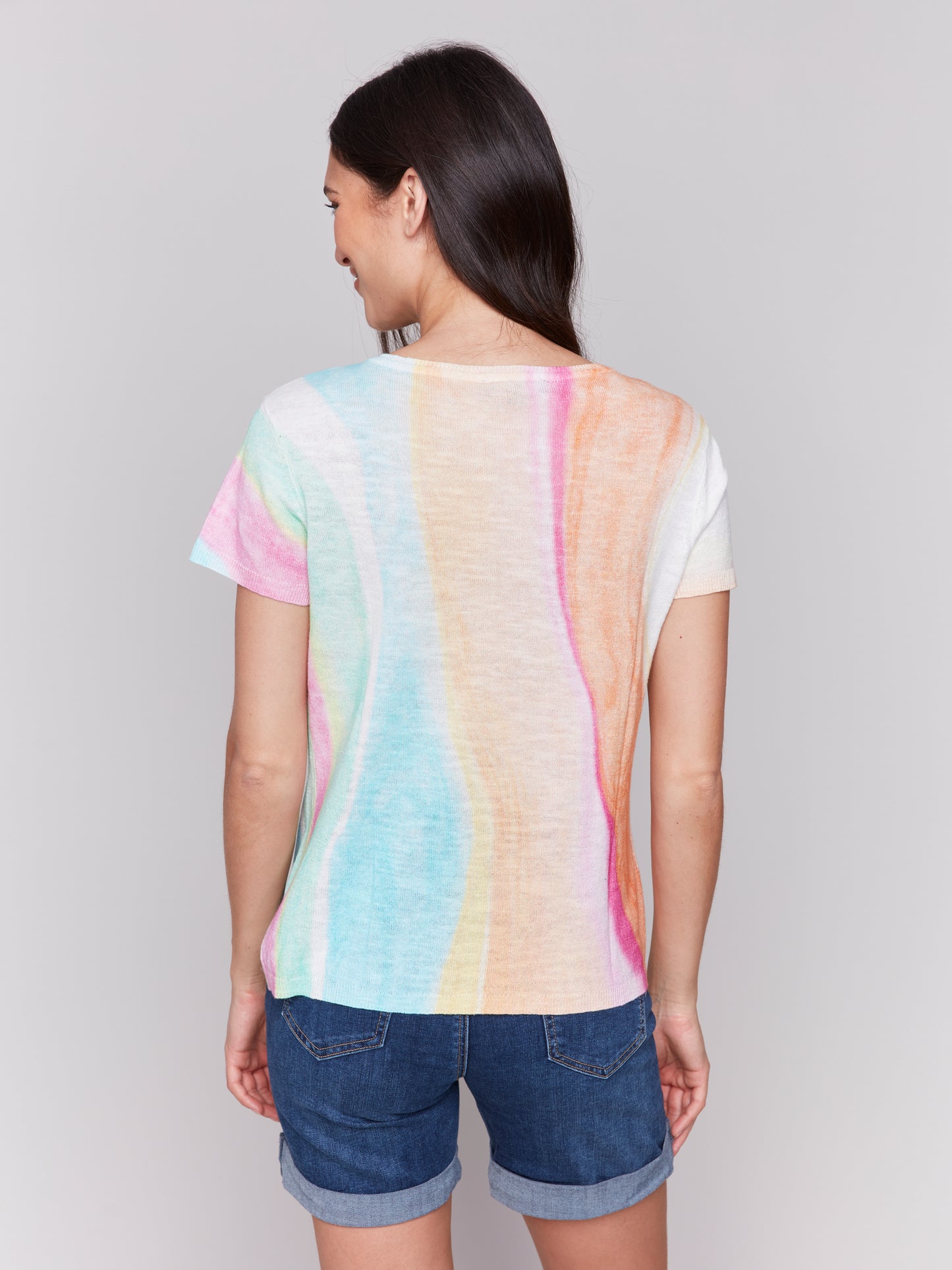 Charlie B Printed Short Sleeve Linen Blend Sweater Rainbow C2814-282C-P073