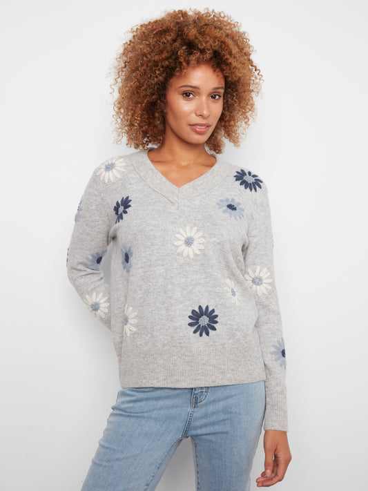 Charlie B Embroidered V-Neck Sweater w/Wide Rib Cuff and Hem H-Grey C2853R-433C-P008