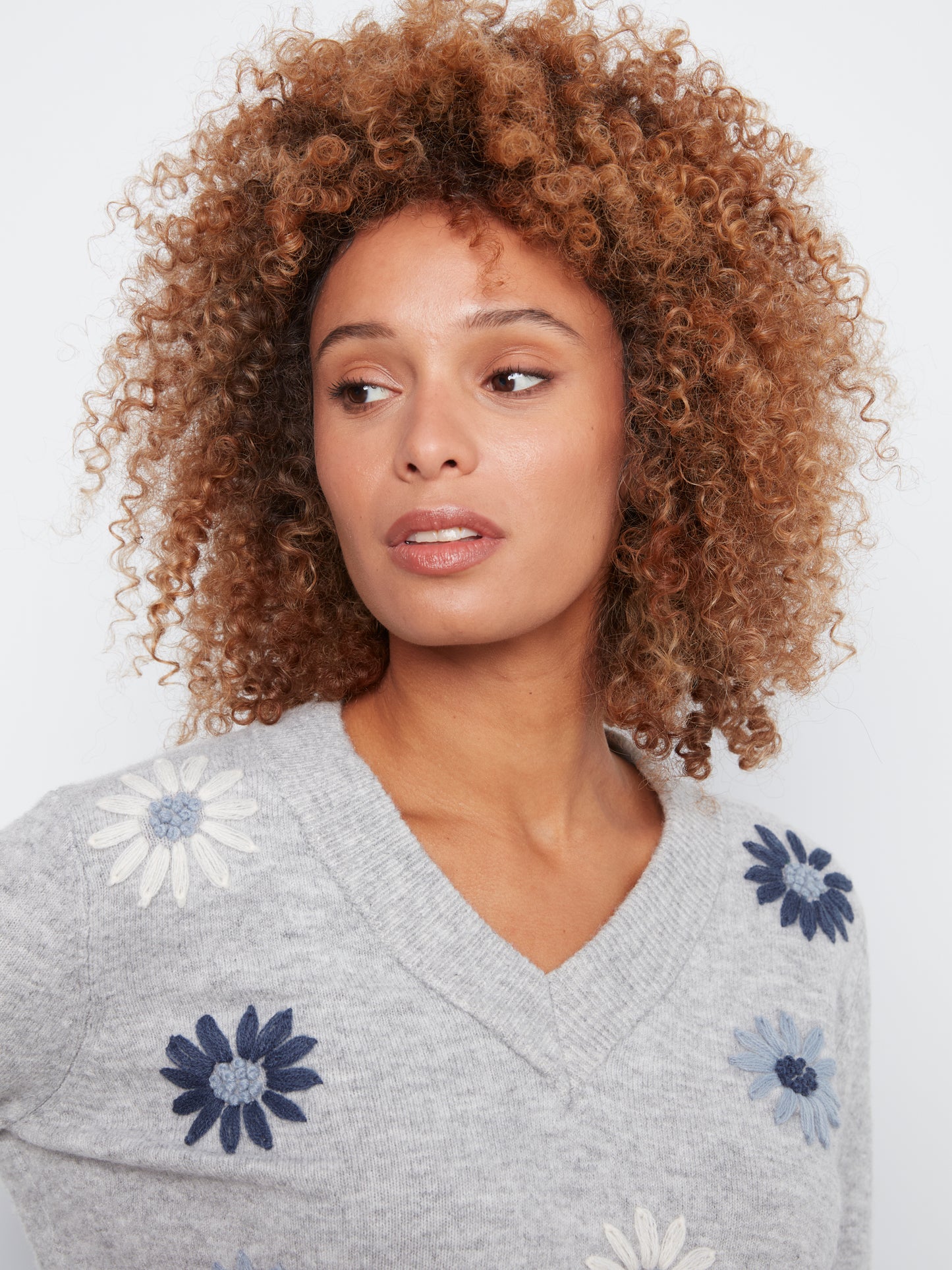 Charlie B Embroidered V-Neck Sweater w/Wide Rib Cuff and Hem H-Grey C2853R-433C-P008