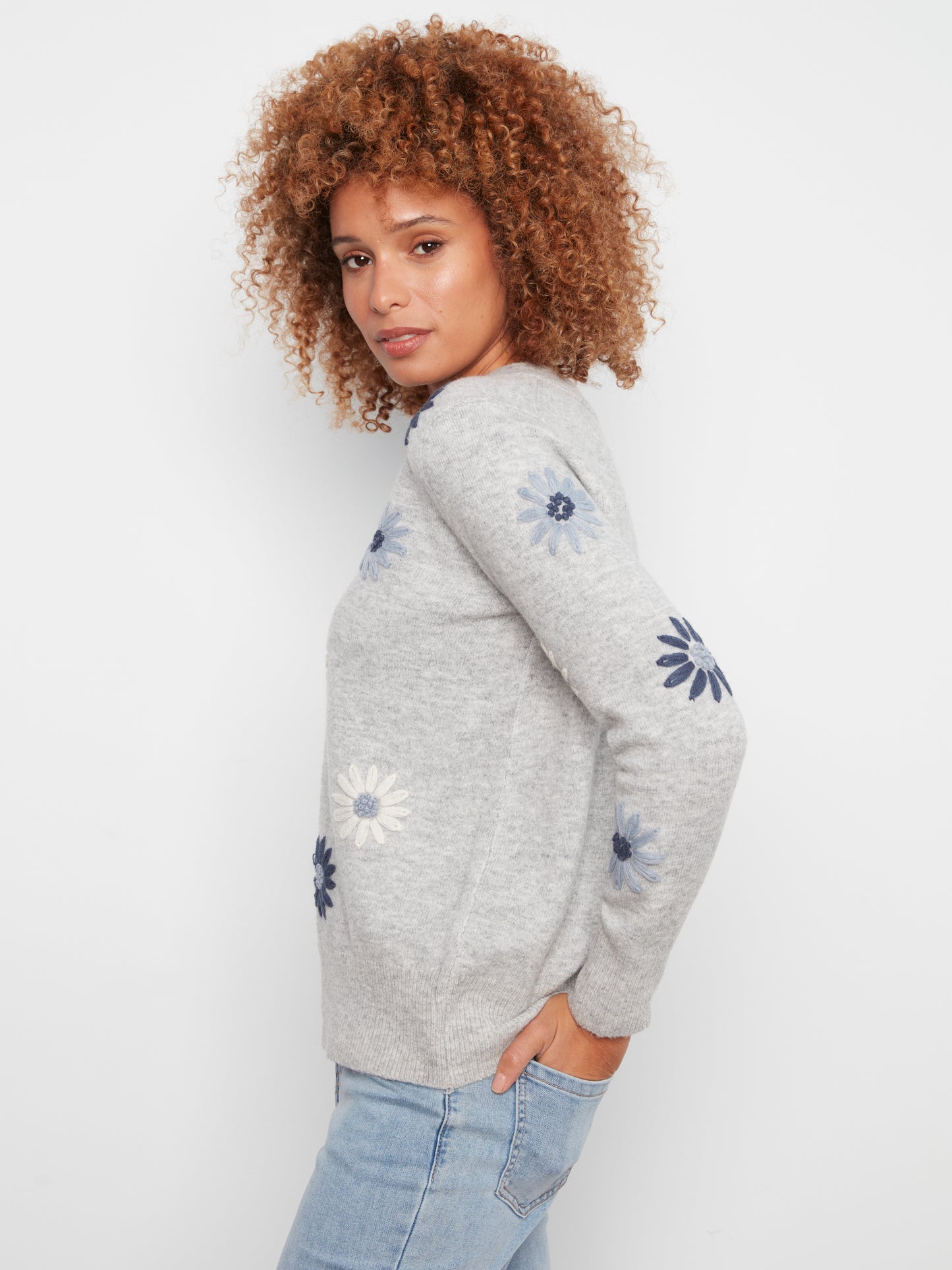 Charlie B Embroidered V-Neck Sweater w/Wide Rib Cuff and Hem H-Grey C2853R-433C-P008