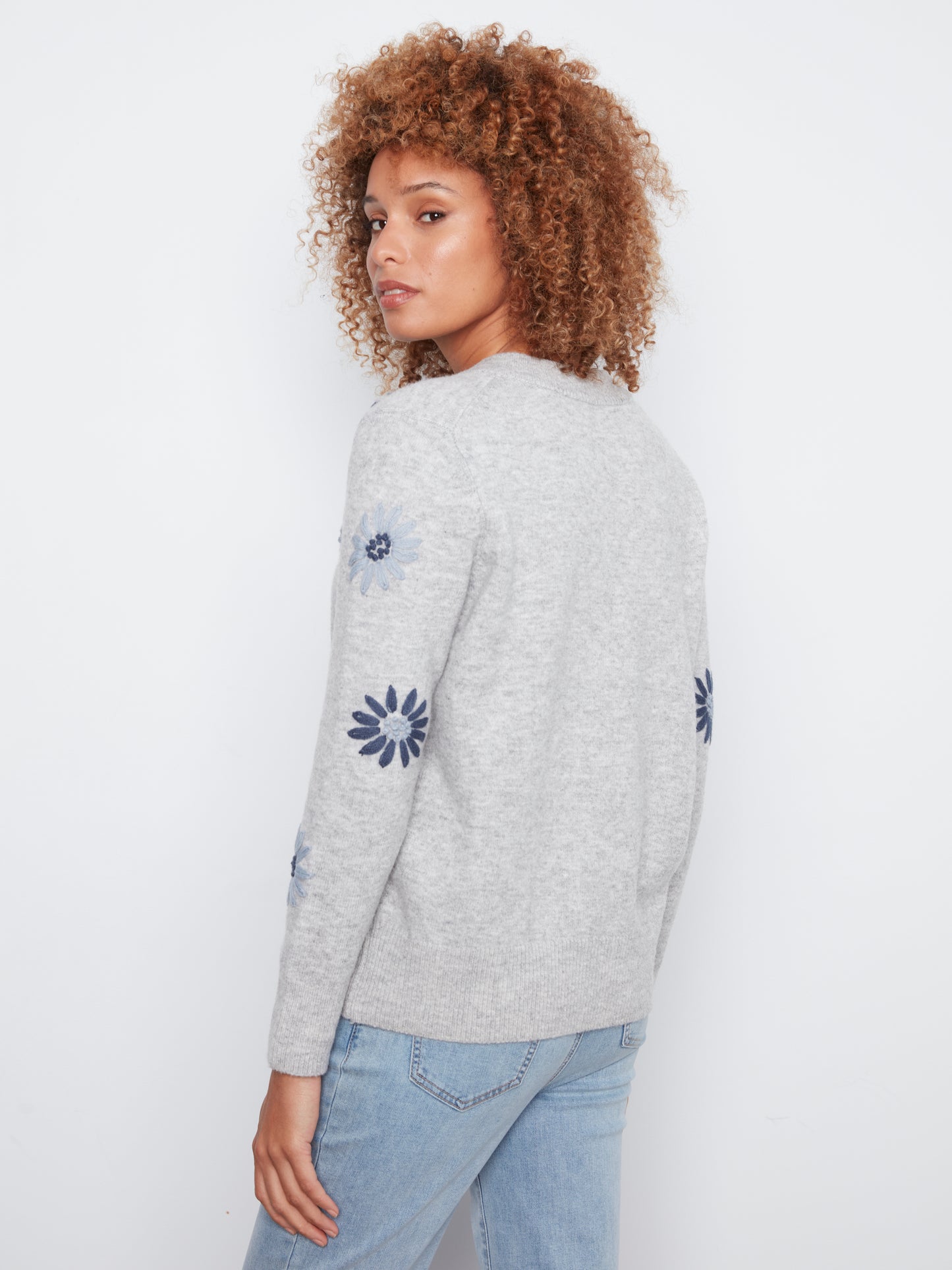 Charlie B Embroidered V-Neck Sweater w/Wide Rib Cuff and Hem H-Grey C2853R-433C-P008