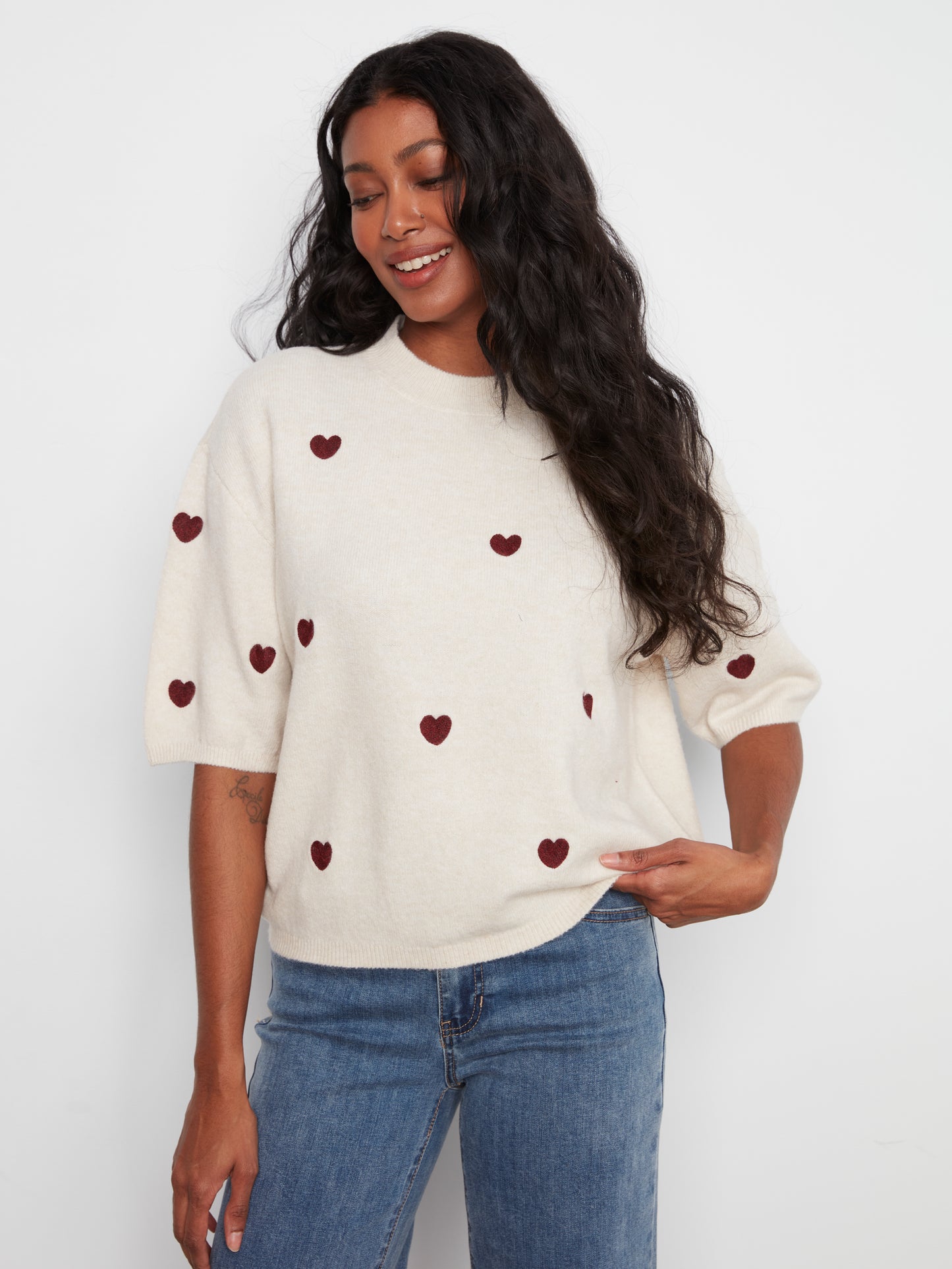 Charlie B Elbow Sleeve Balloon Shape Sweater w/Allover Hearts Embroidery Heather Oat C2858E-707C-P371