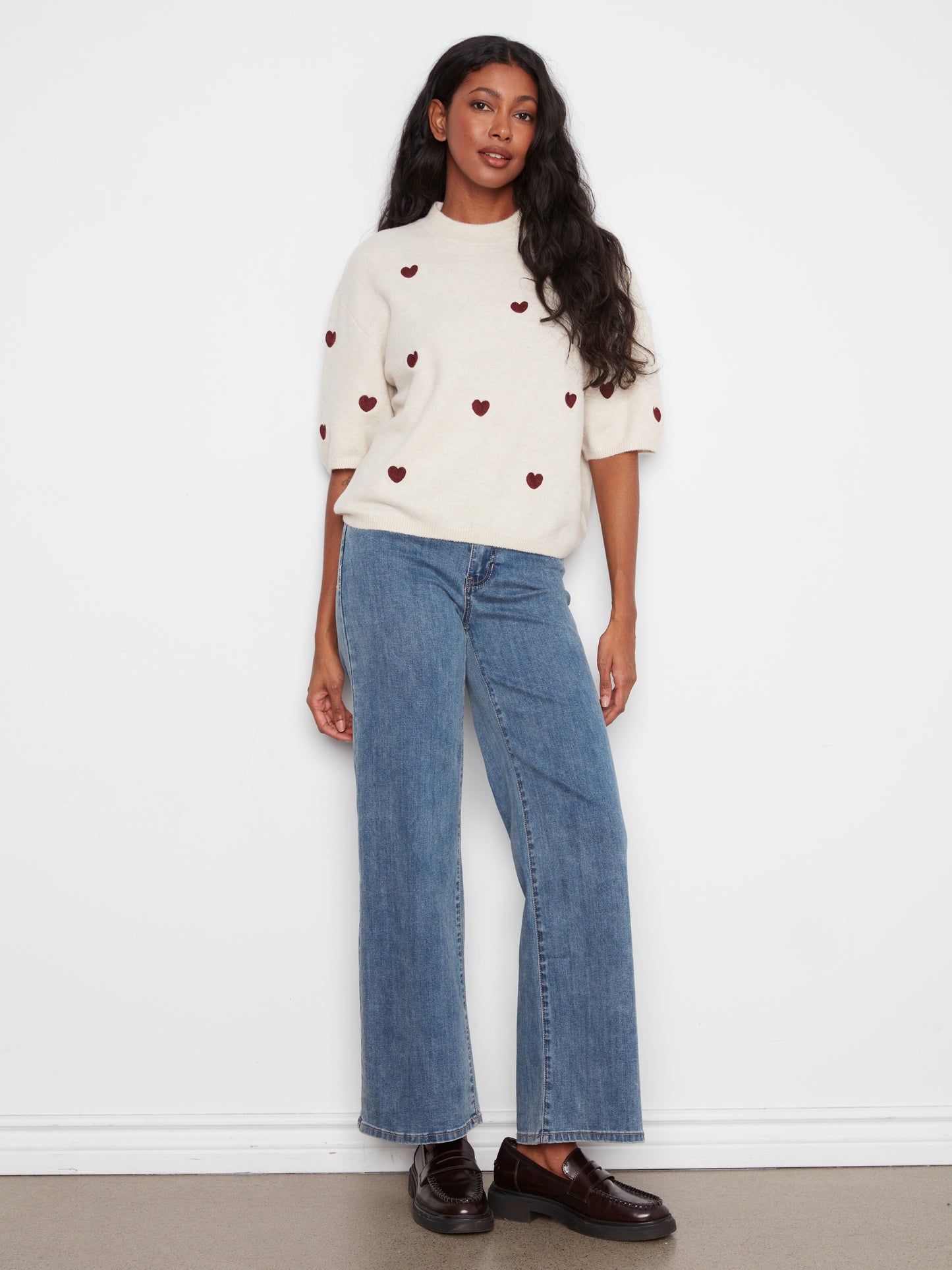 Charlie B Elbow Sleeve Balloon Shape Sweater w/Allover Hearts Embroidery Heather Oat C2858E-707C-P371