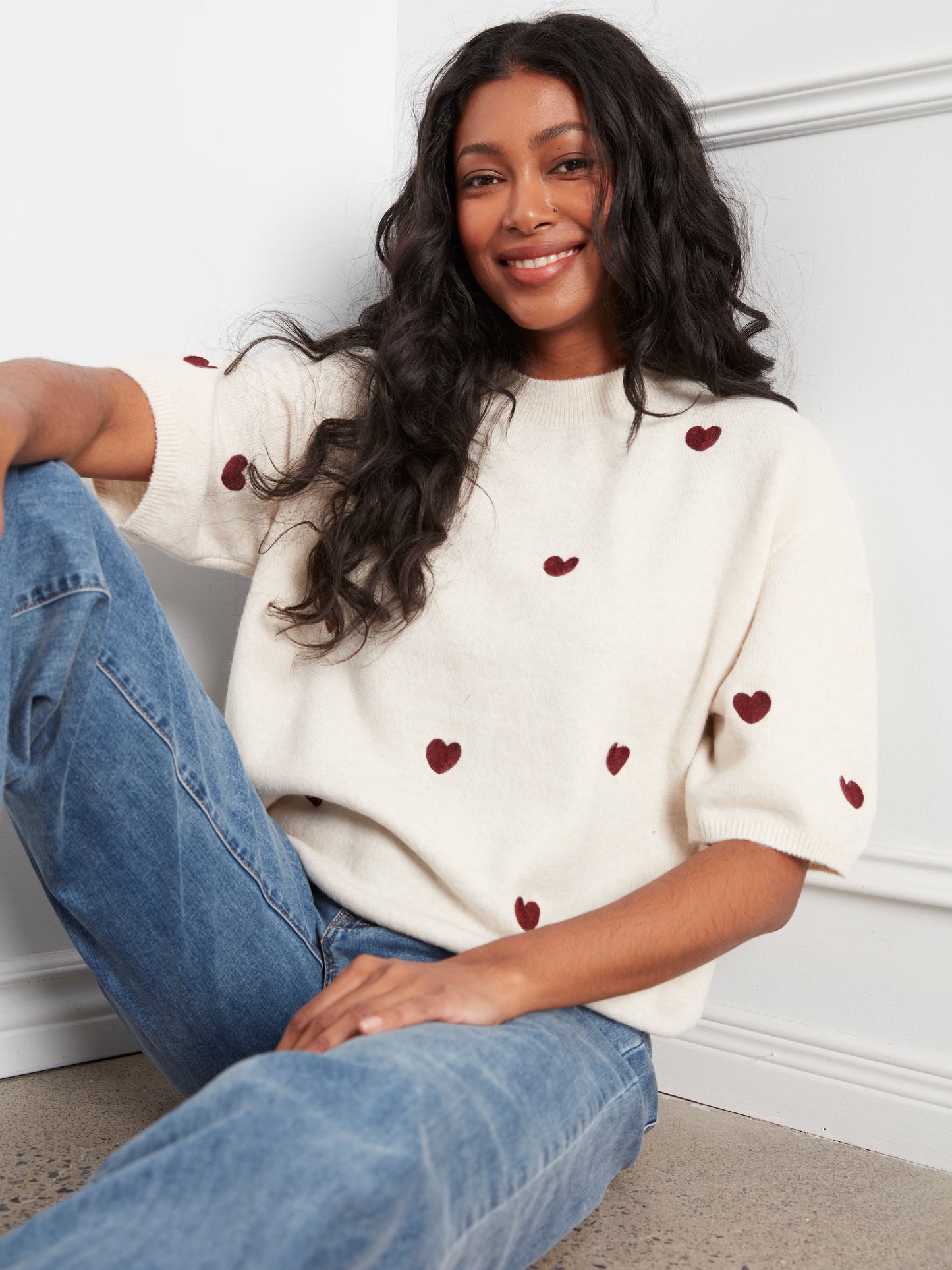 Charlie B Elbow Sleeve Balloon Shape Sweater w/Allover Hearts Embroidery Heather Oat C2858E-707C-P371
