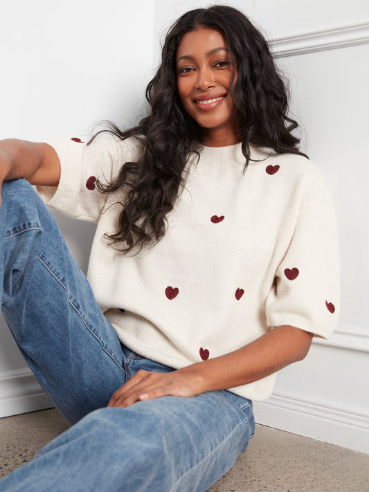 Charlie B Elbow Sleeve Balloon Shape Sweater w/Allover Hearts Embroidery Heather Oat C2858E-707C-P371