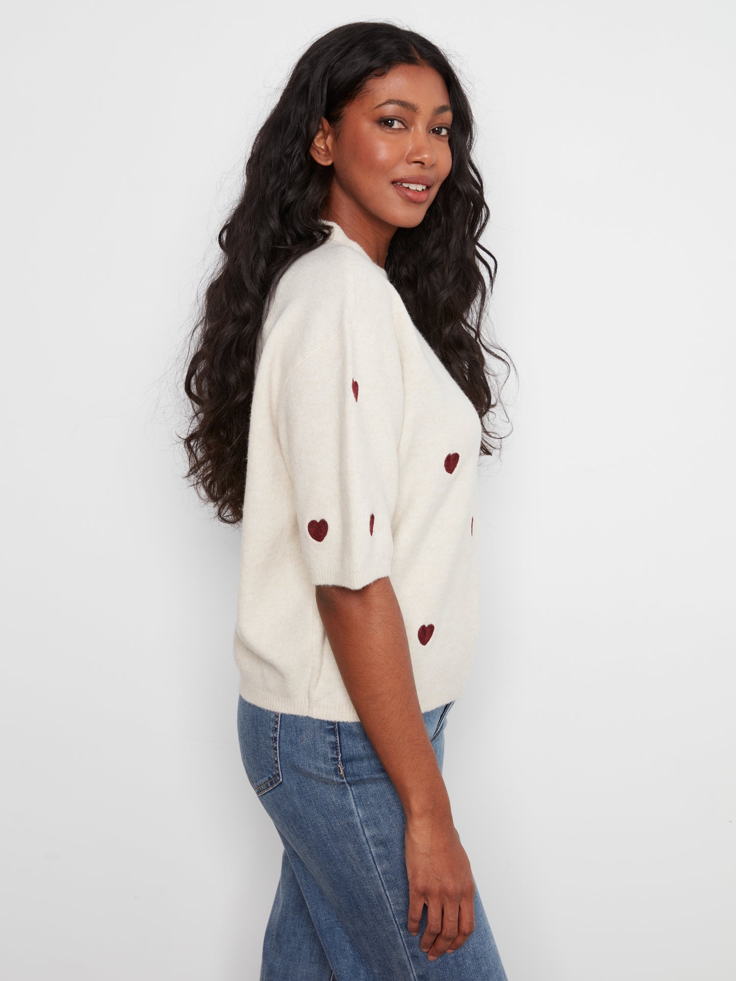 Charlie B Elbow Sleeve Balloon Shape Sweater w/Allover Hearts Embroidery Heather Oat C2858E-707C-P371