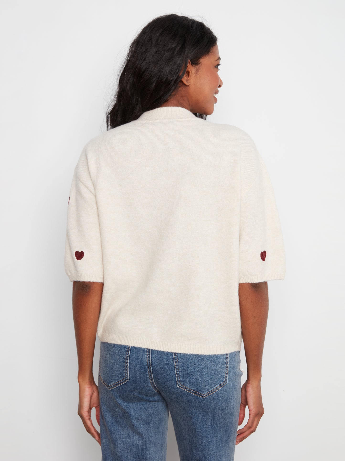Charlie B Elbow Sleeve Balloon Shape Sweater w/Allover Hearts Embroidery Heather Oat C2858E-707C-P371