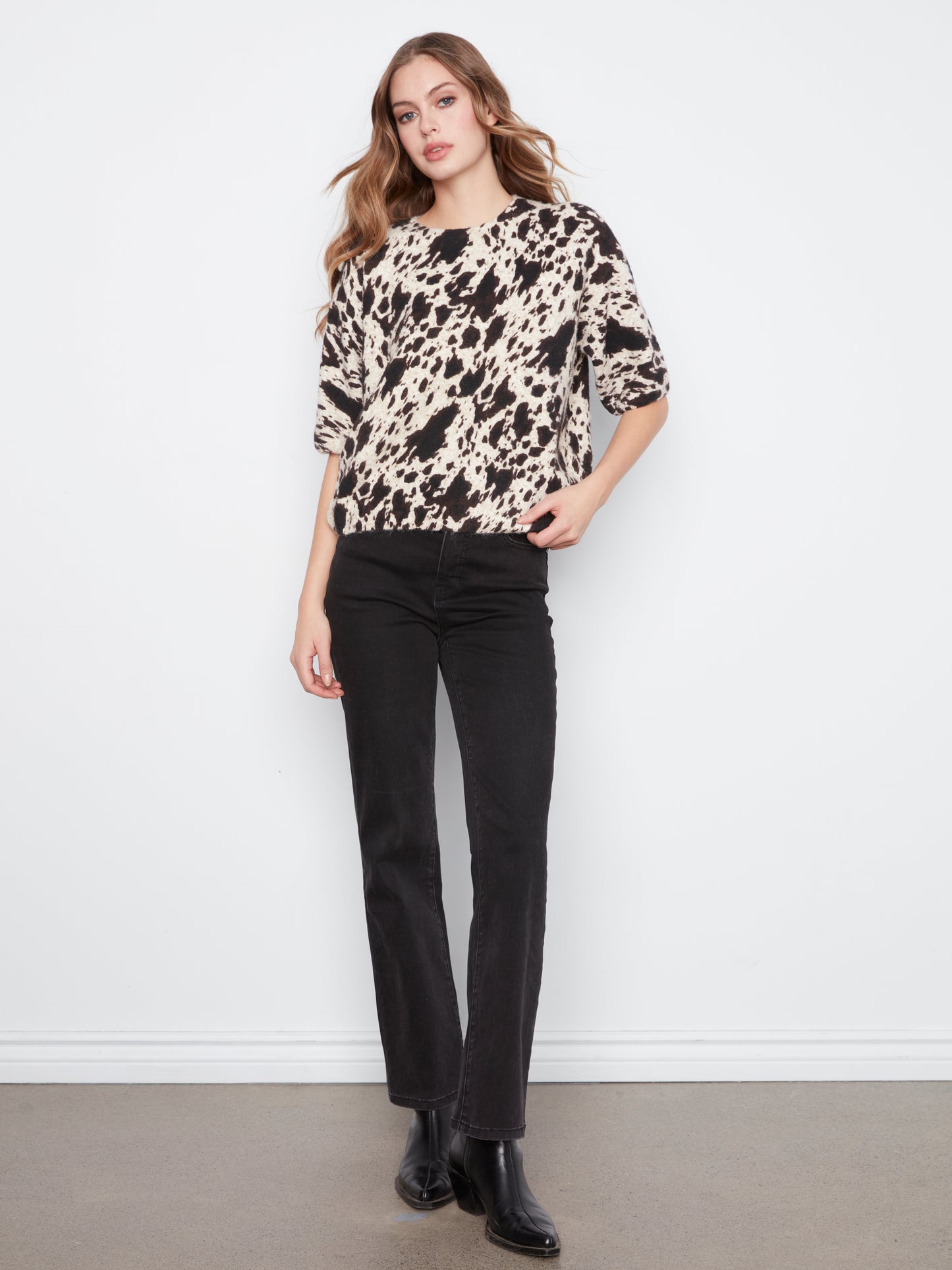 Charlie B Elbow Sleeve Balloon Shape Printed Sweater Spots C2858RP-717C-P929