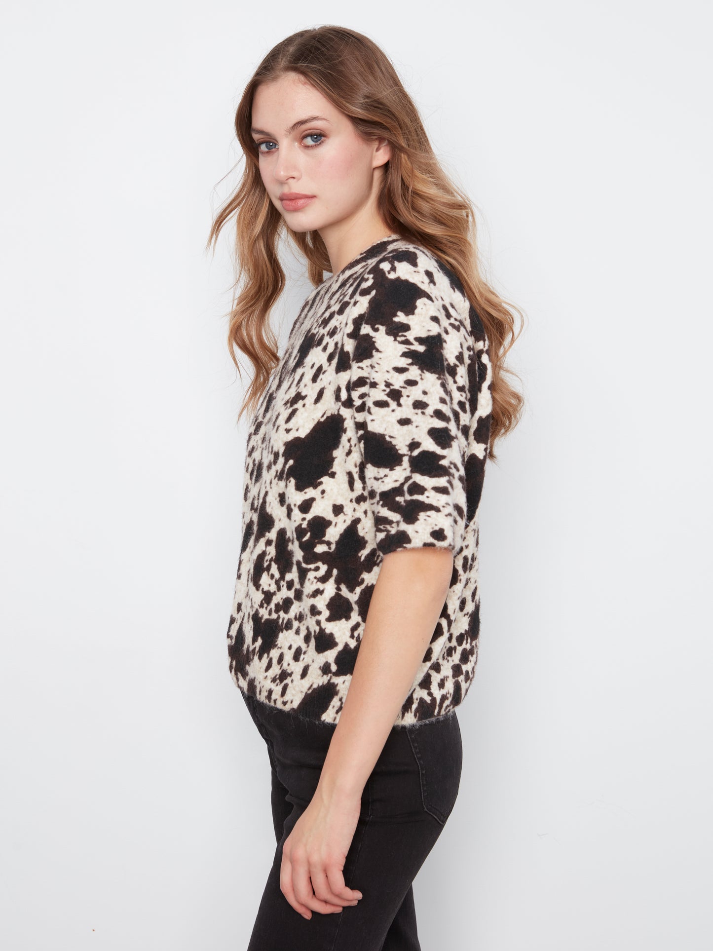 Charlie B Elbow Sleeve Balloon Shape Printed Sweater Spots C2858RP-717C-P929