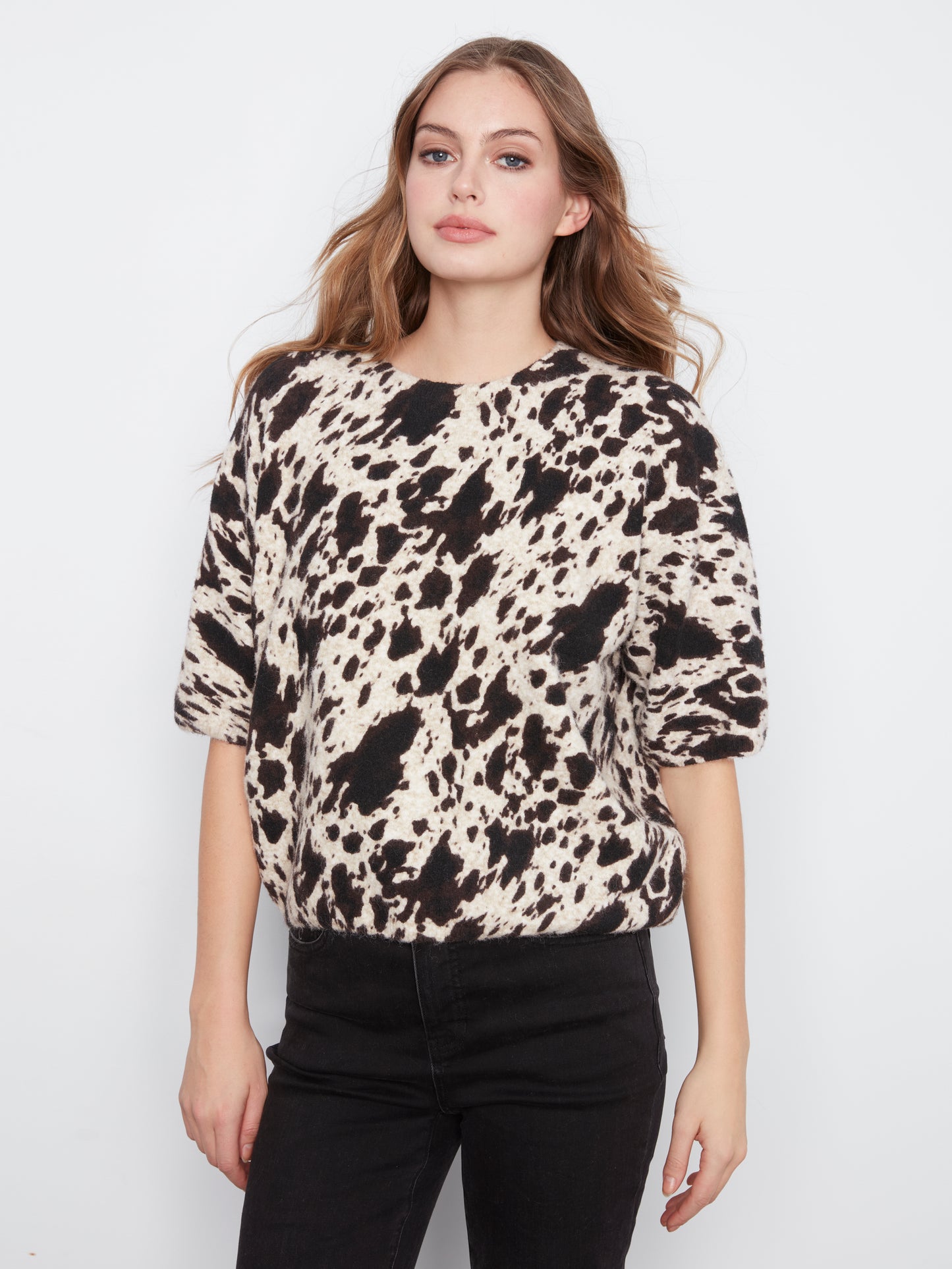 Charlie B Elbow Sleeve Balloon Shape Printed Sweater Spots C2858RP-717C-P929