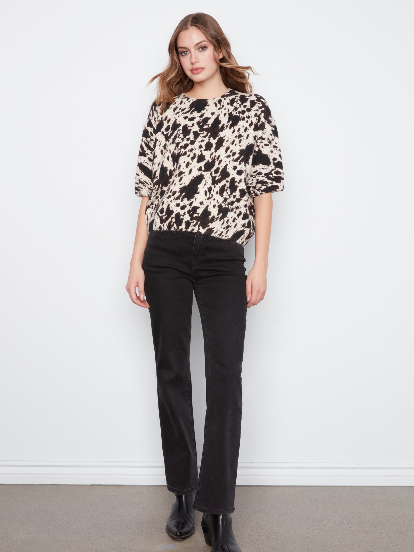 Charlie B Elbow Sleeve Balloon Shape Printed Sweater Spots C2858RP-717C-P929